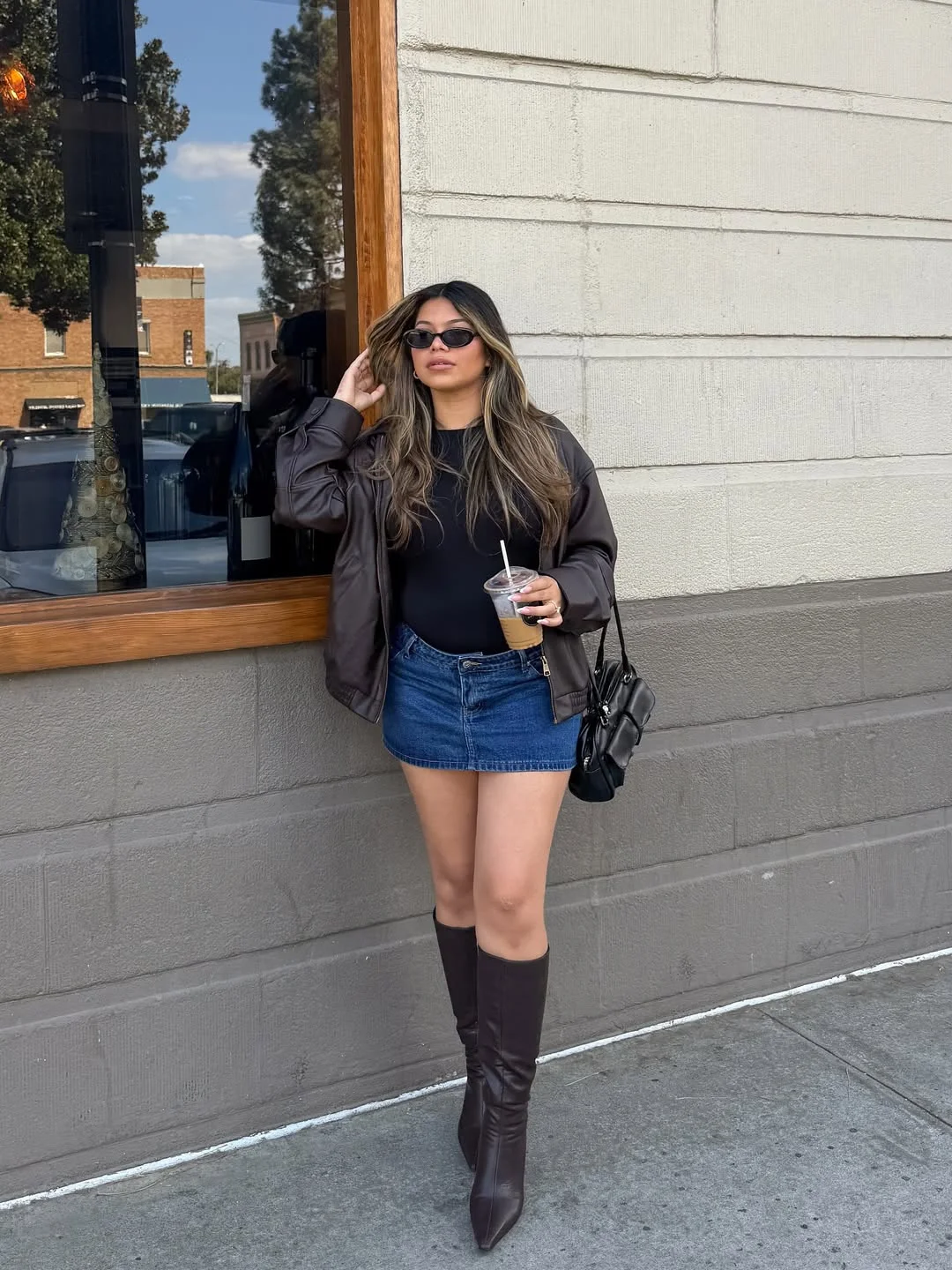 fall outfits for big busted women 2026 Leather Jacket and Denim Mini for an Elevated Everyday Look