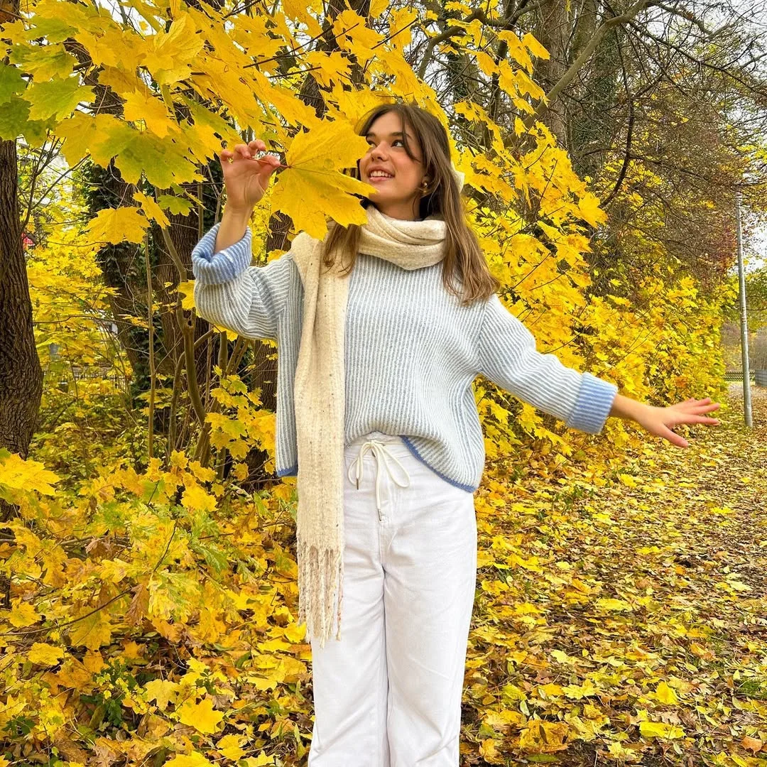 Fall outfits ideas 2026 Soft Blue Knitwear for Golden October Days