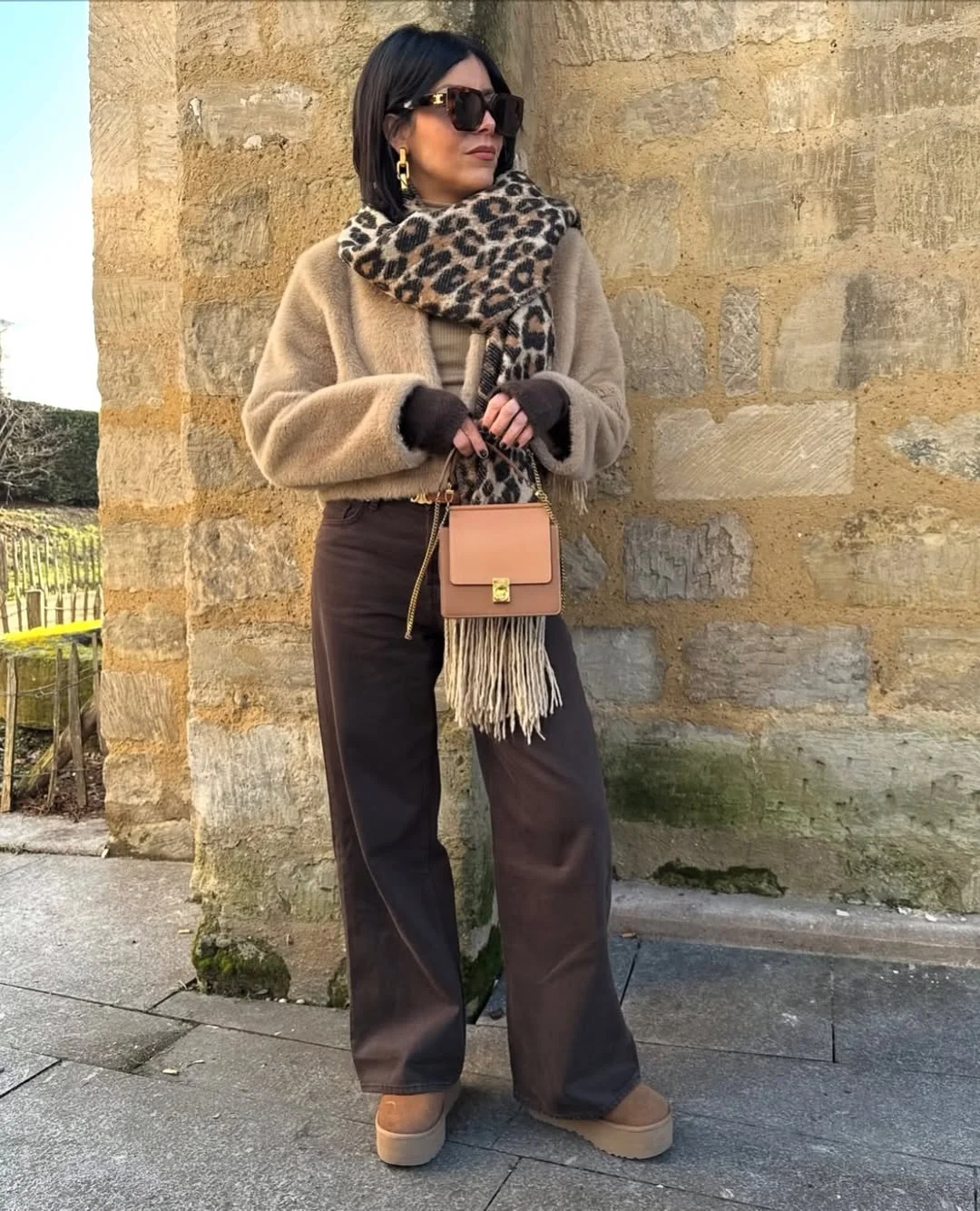 Fall outfits ideas 2026 Leopard Scarves and Chocolate Brown Layers