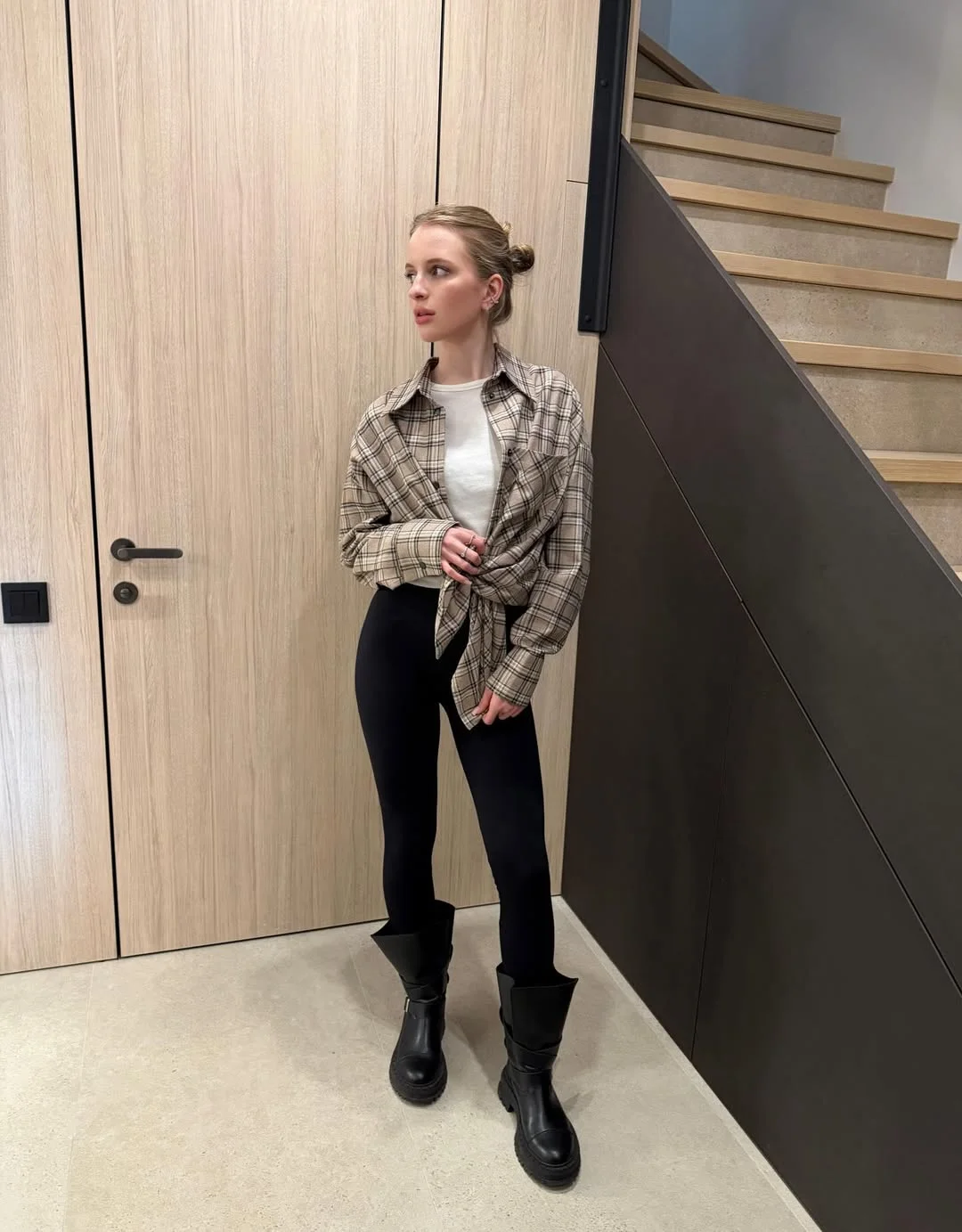 fall outfits with boots and leggings 2026 Relaxed Plaid Layers With Modern Black Boots