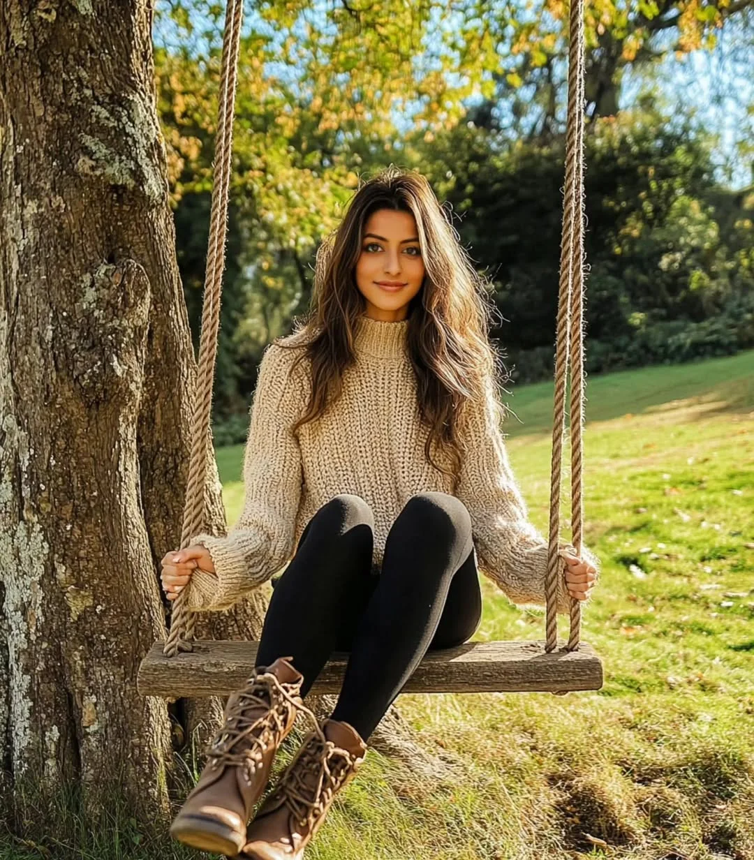 fall outfits with boots and leggings 2026 Chunky Sweater Comfort With Lace-Up Brown Boots
