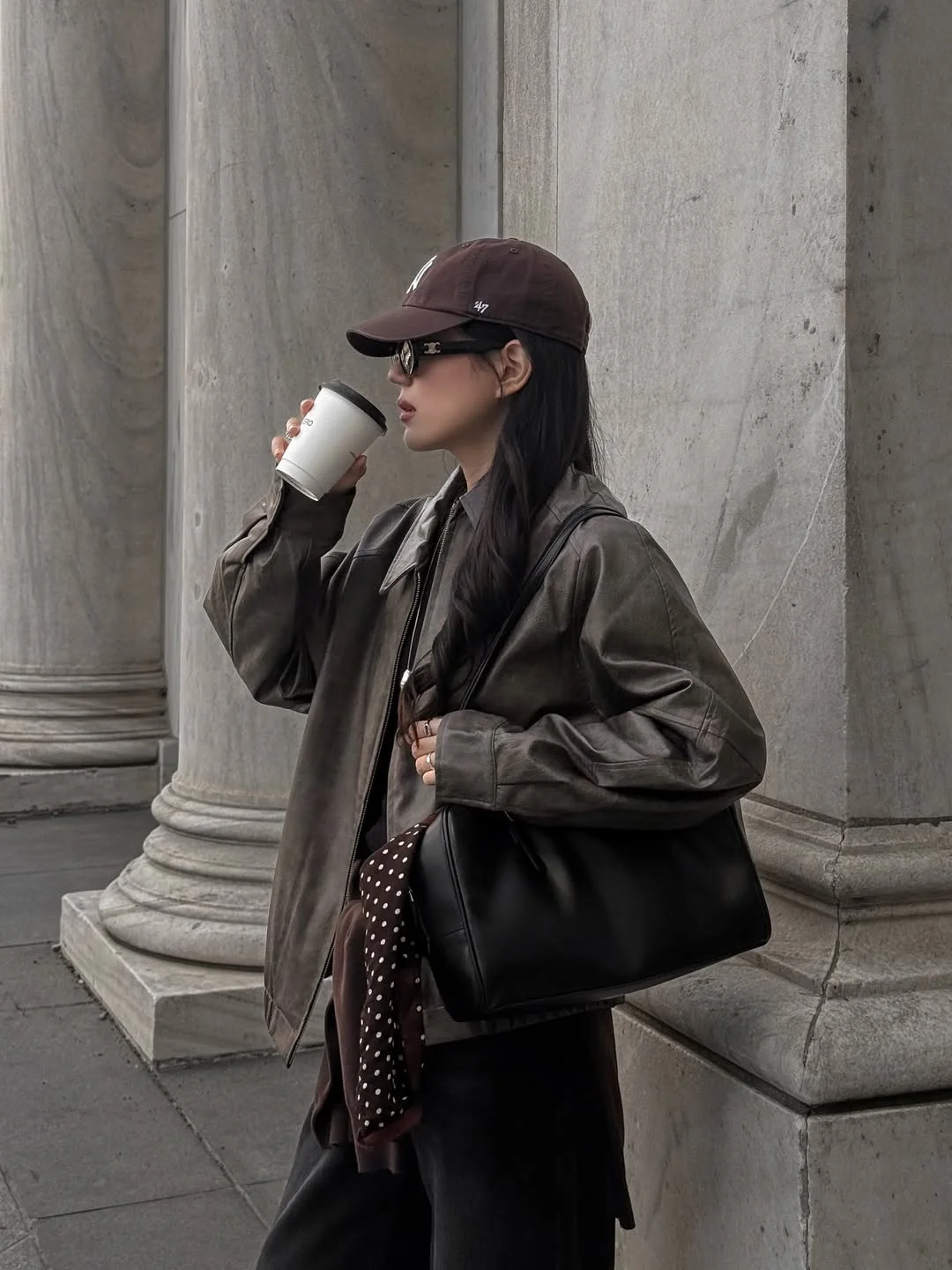 fall outfits with jacket 2026 Dark Leather Layers with a Relaxed Coffee Run Attitude
