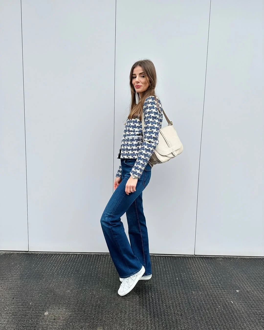 fall outfits with jeans and sneakers 2026 Polished Tweed and Flared Denim for Elevated Everyday Style
