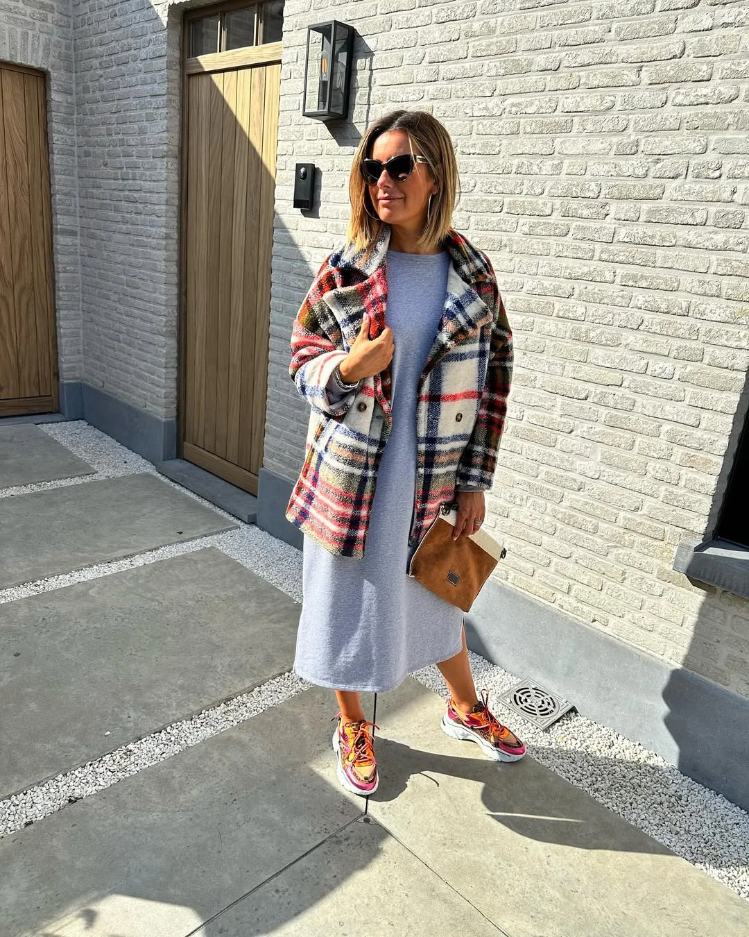 fall outfits with sneakers 2026 Plaid Coats and Colorful Sneakers for Cozy Fall Contrast