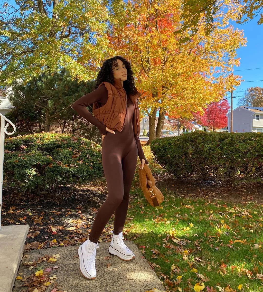 fall outfits with sneakers 2026 Chocolate Brown Layers with Classic White Sneakers