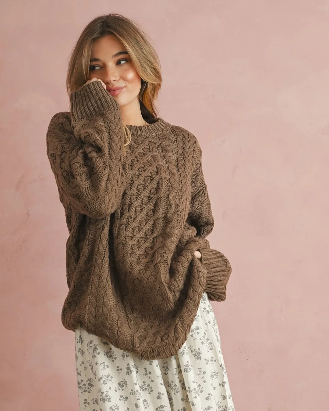 fall outfits with sweater 2026 Chocolate Cable Knit With Romantic Skirt Styling