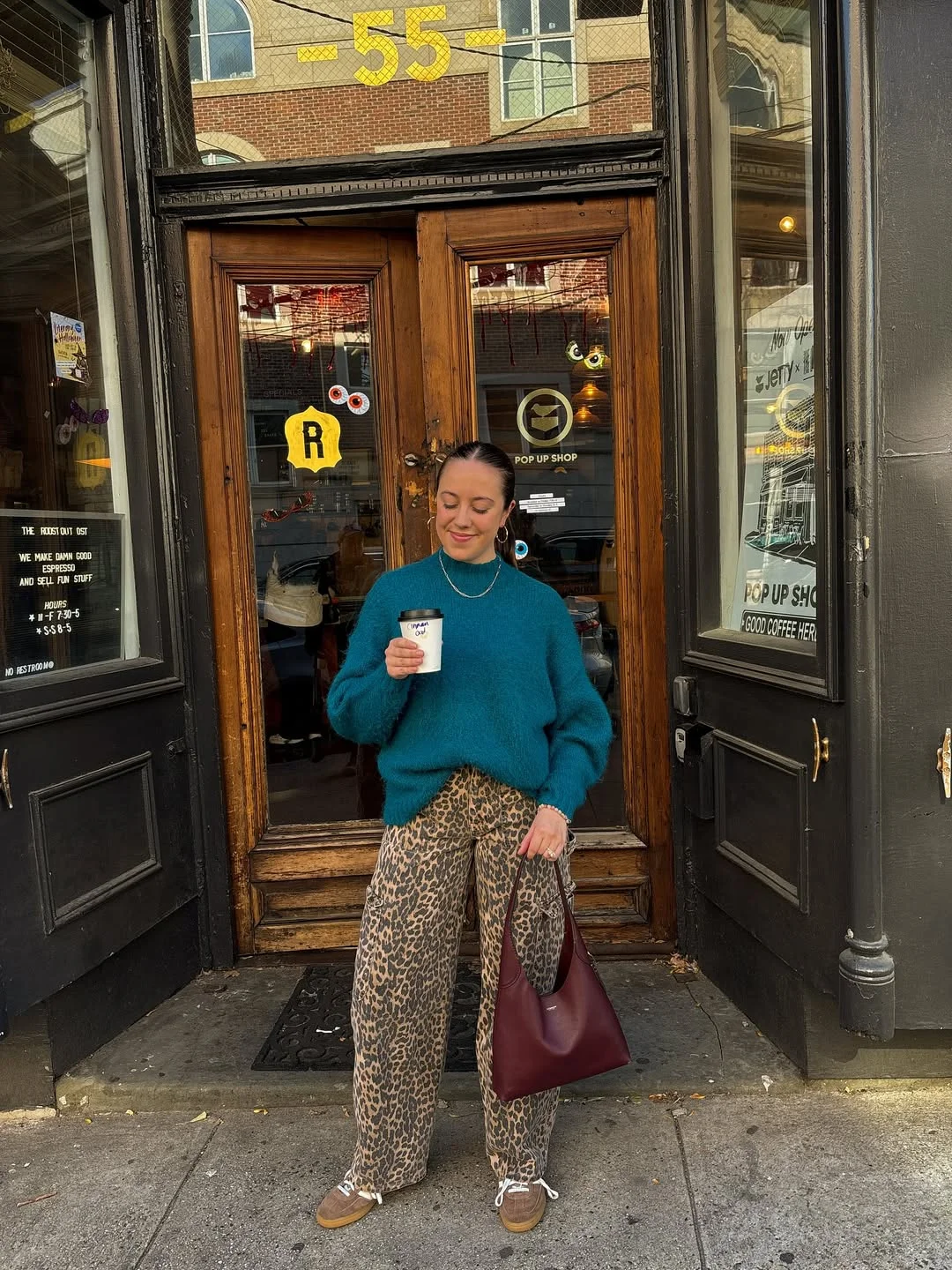 fall outfits with sweater 2026 Bold Teal Knit With Statement Leopard Trousers