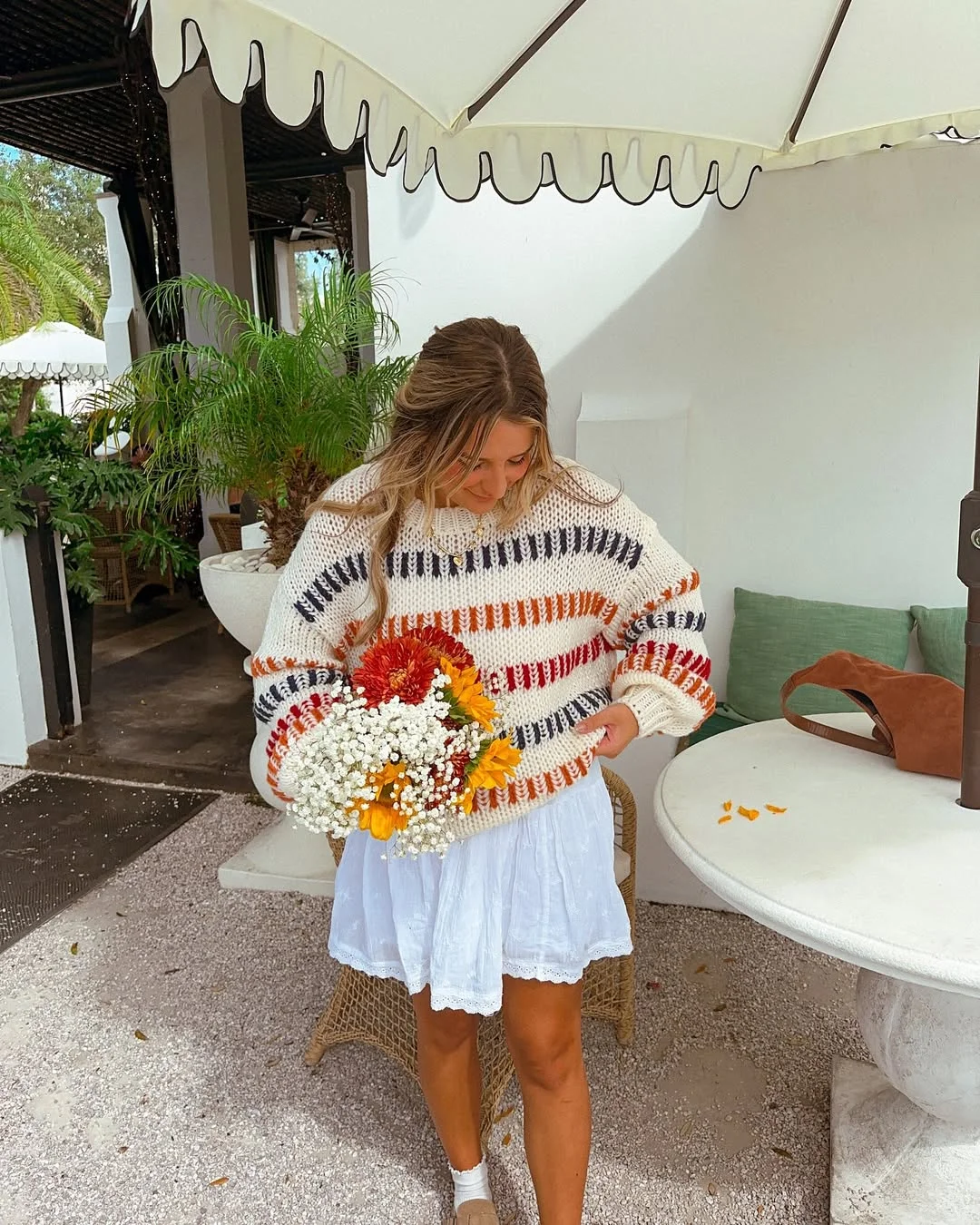 fall outfits with sweater 2026 Striped Knit And White Skirt For Early Fall Charm