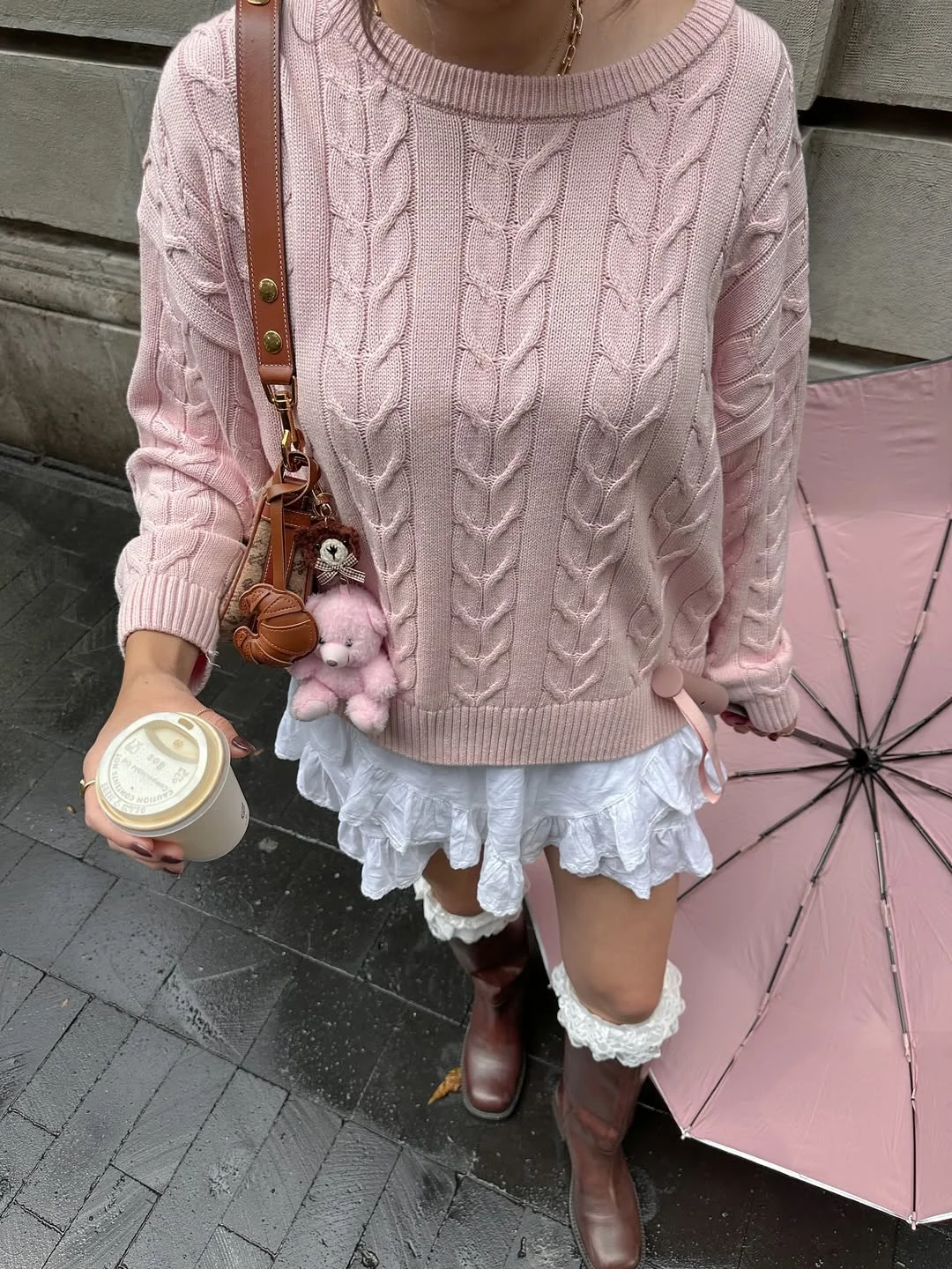 fall outfits with sweater 2026 Soft Pink Cable Knit With Romantic Rainy Day Charm