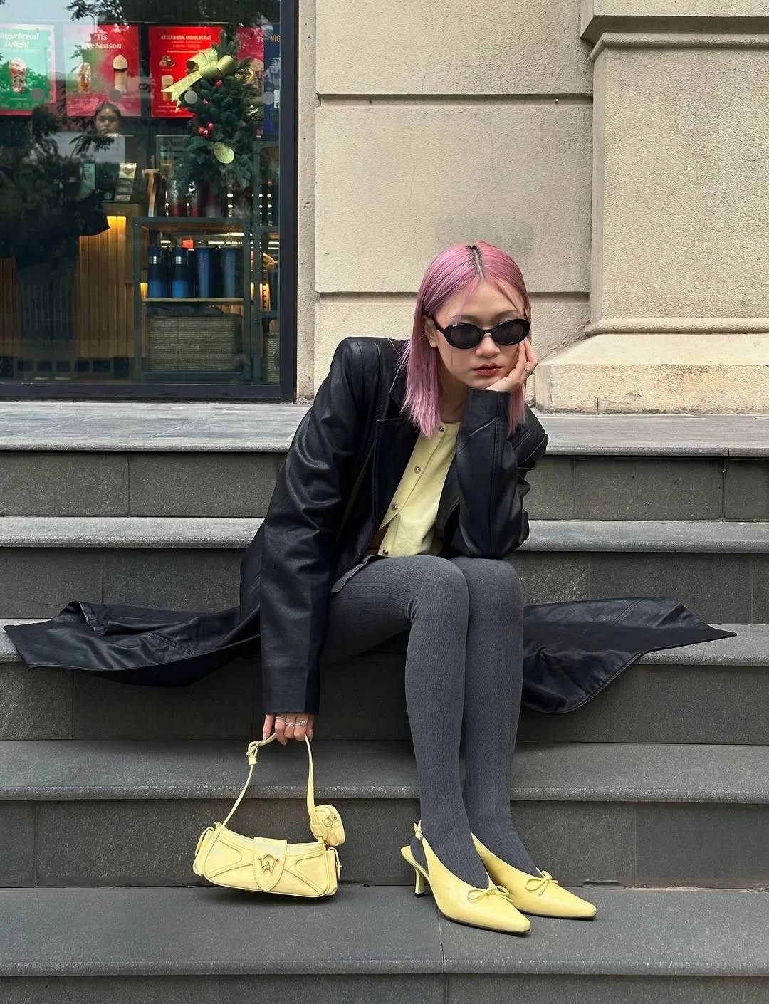 fall outfits with tights 2026 Grey Knit Tights and Soft Yellow Accessories With Parisian Energy