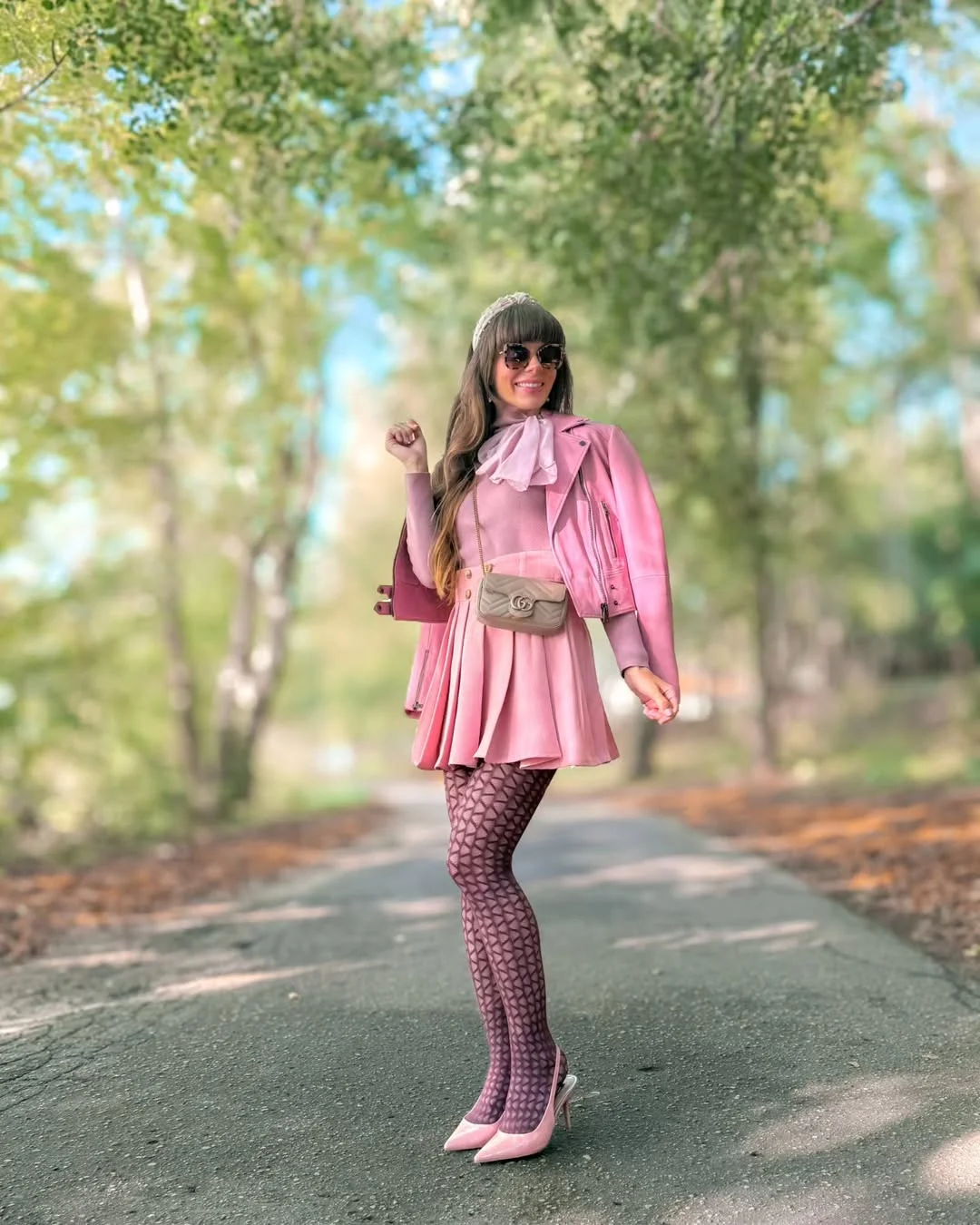 fall outfits with tights 2026 Romantic Pink Layers With Patterned Tights and Feminine Heels