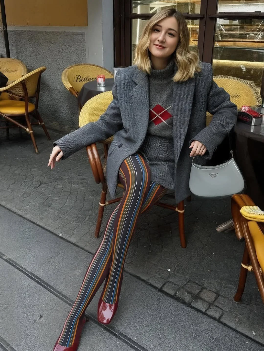 fall outfits with tights 2026 Striped Tights and Oversized Blazers for Artistic Fall Styling