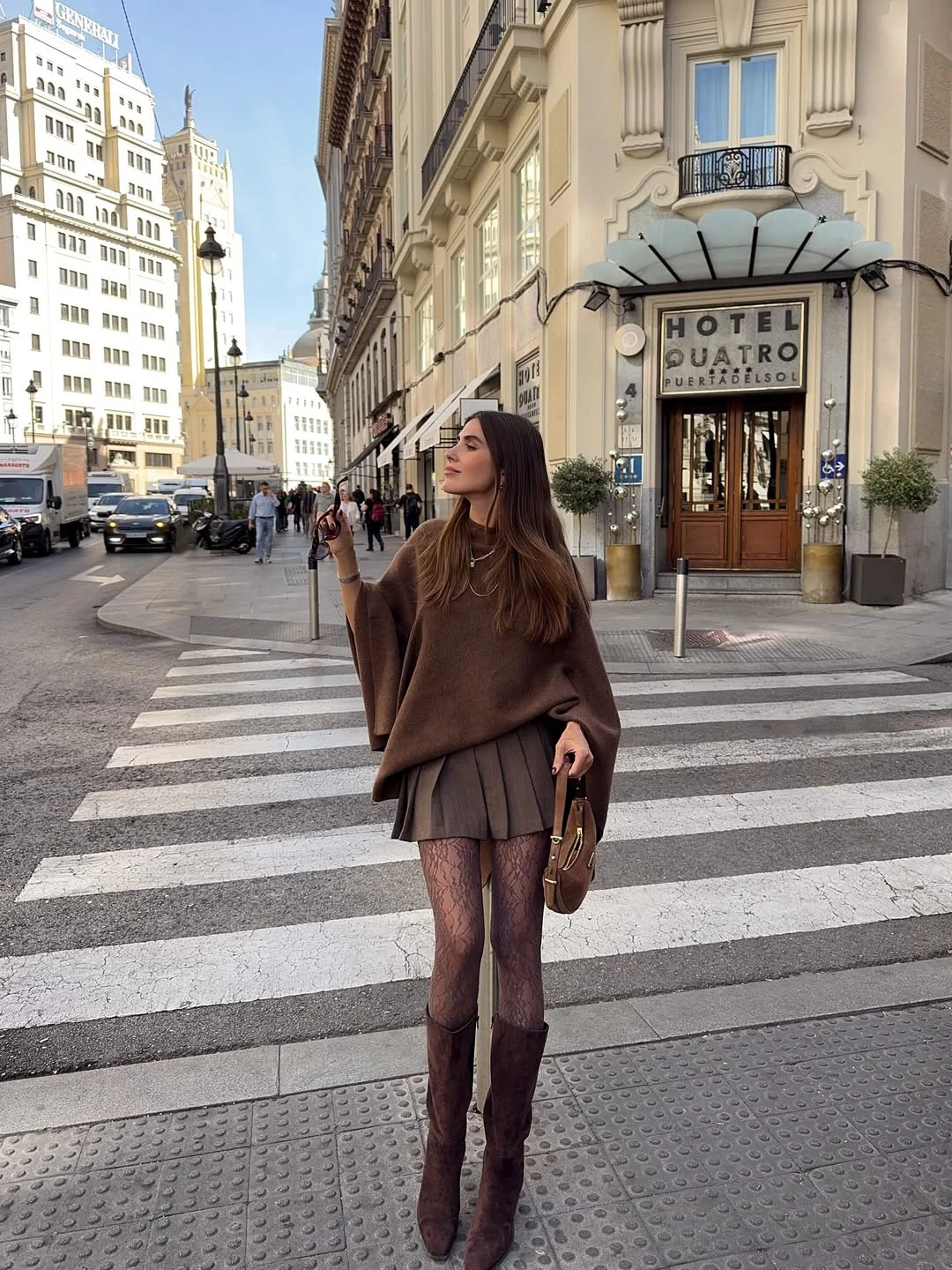 fall outfits with tights 2026 Chocolate Brown Monochrome With Lace Tights and Tall Boots