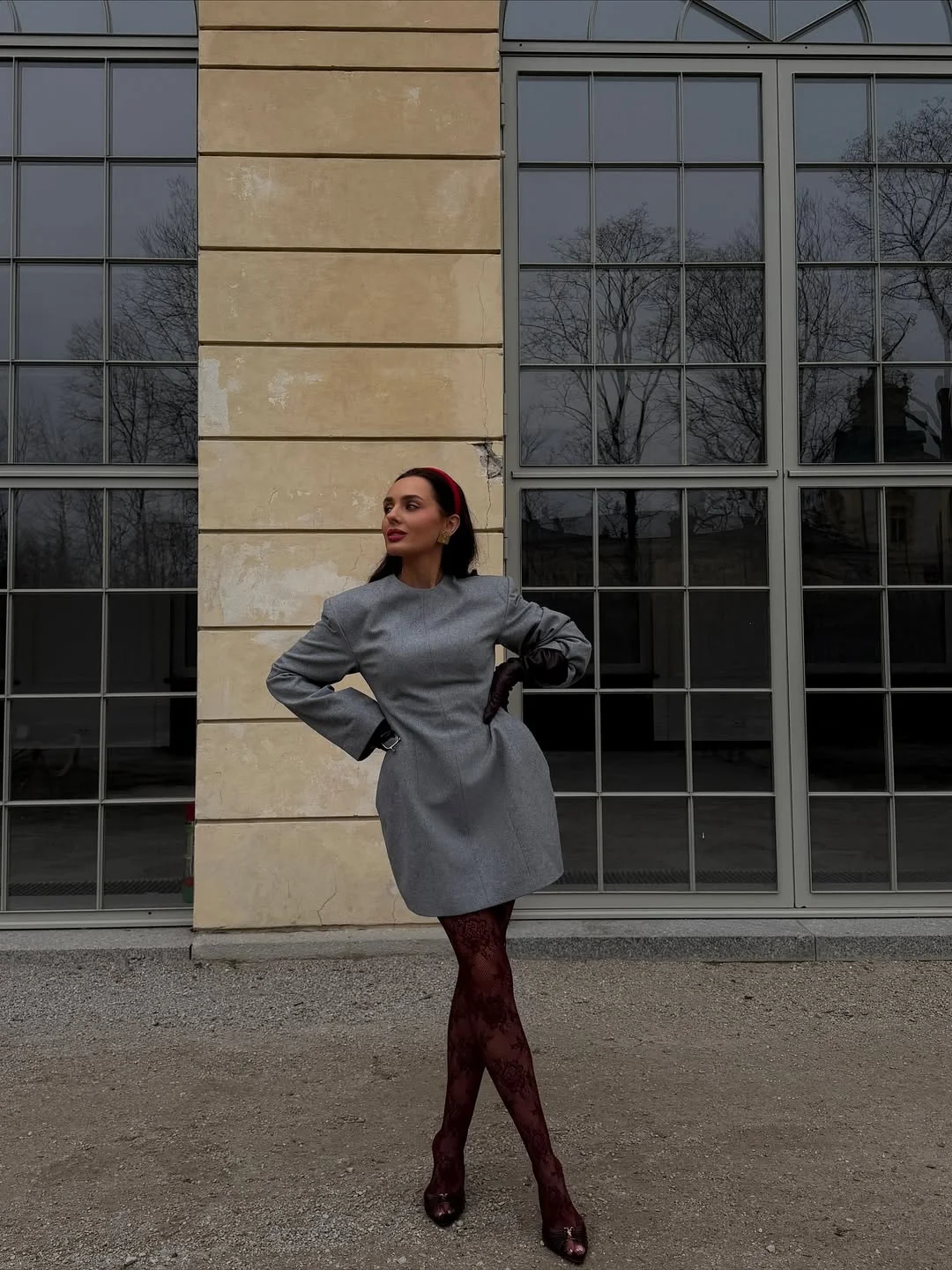fall outfits with tights 2026 Structured Grey Mini Dress and Burgundy Floral Tights