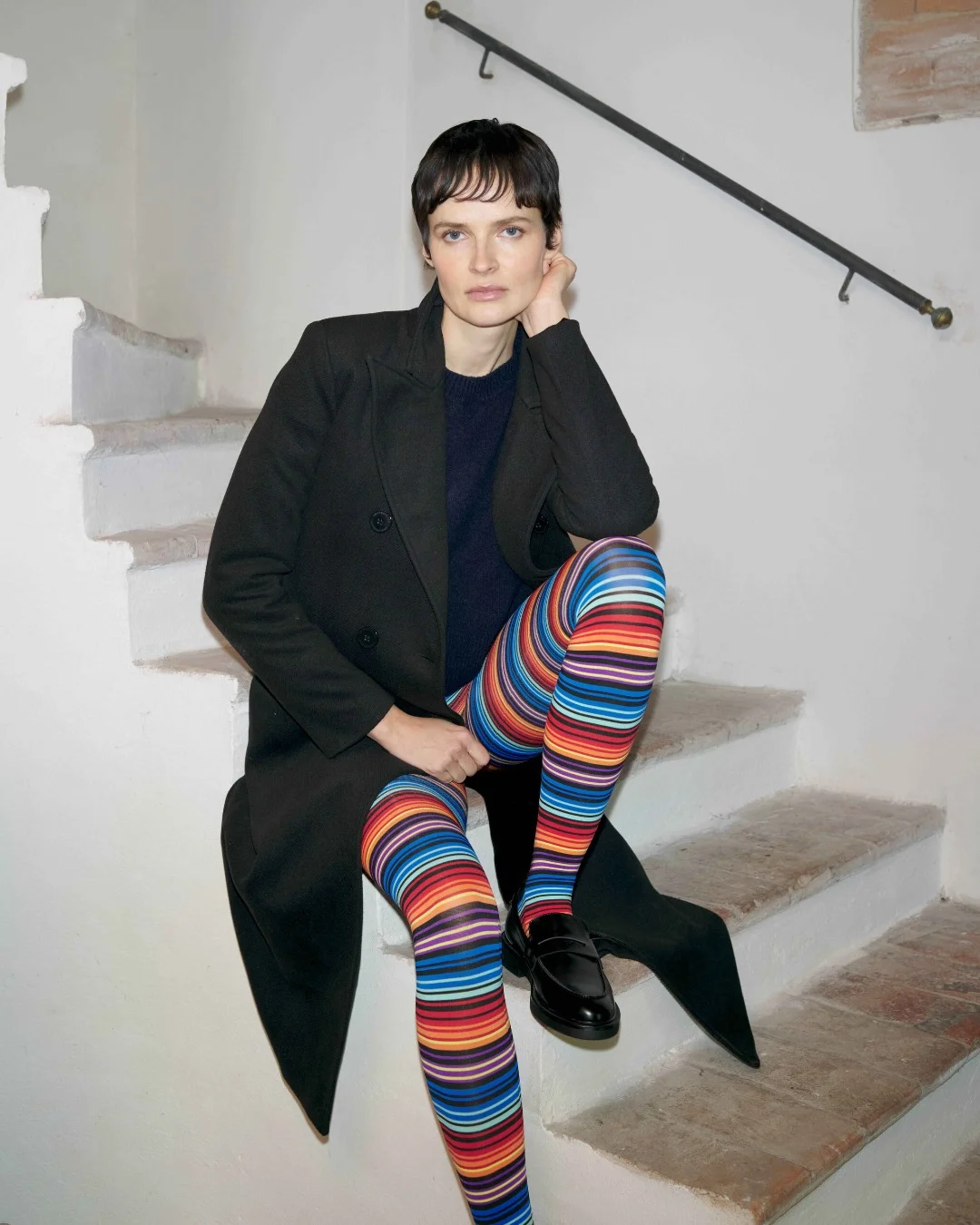 fall outfits with tights 2026 Rainbow Striped Tights and Black Tailoring With Editorial Energy