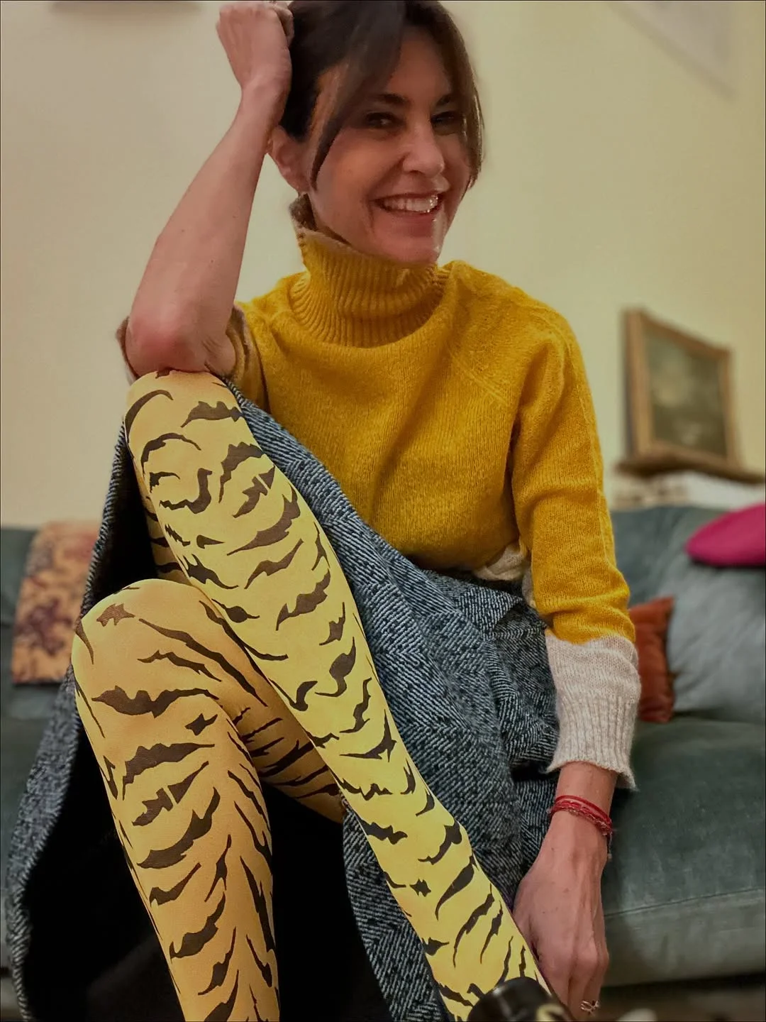 fall outfits with tights 2026 Mustard Knitwear and Bold Tiger Print Tights