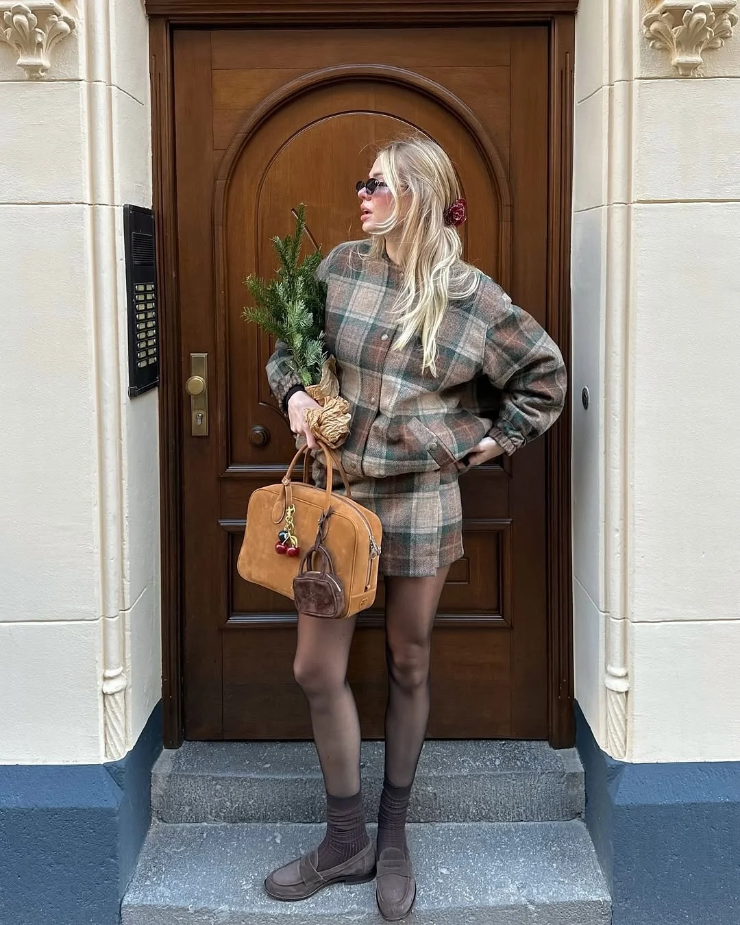 fall outfits with tights 2026 Soft Plaid Layers and Sheer Brown Tights With Loafers