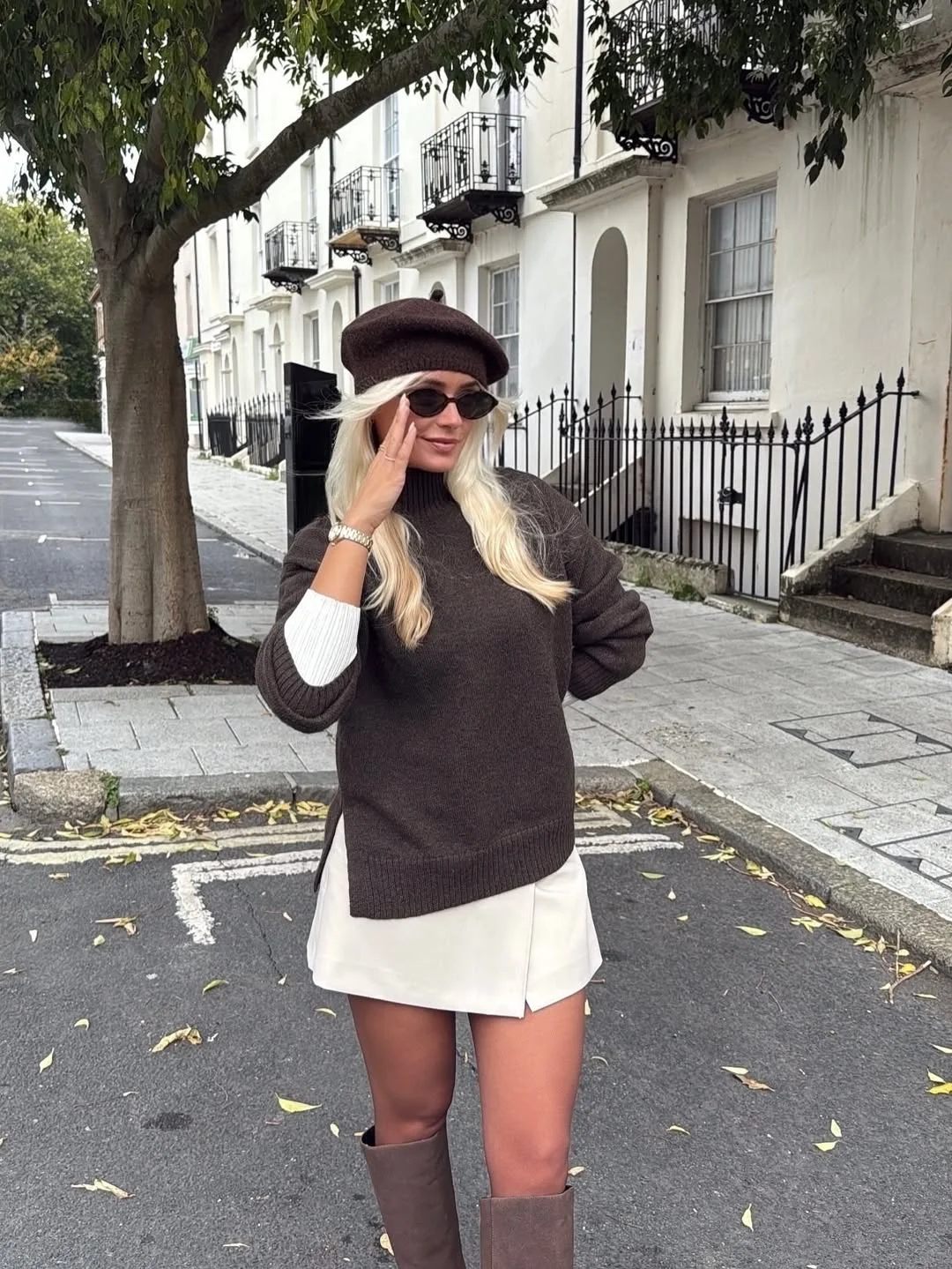 fall outfits with tights 2026 Chocolate Knitwear and Cream Mini Skirts With Tall Boots