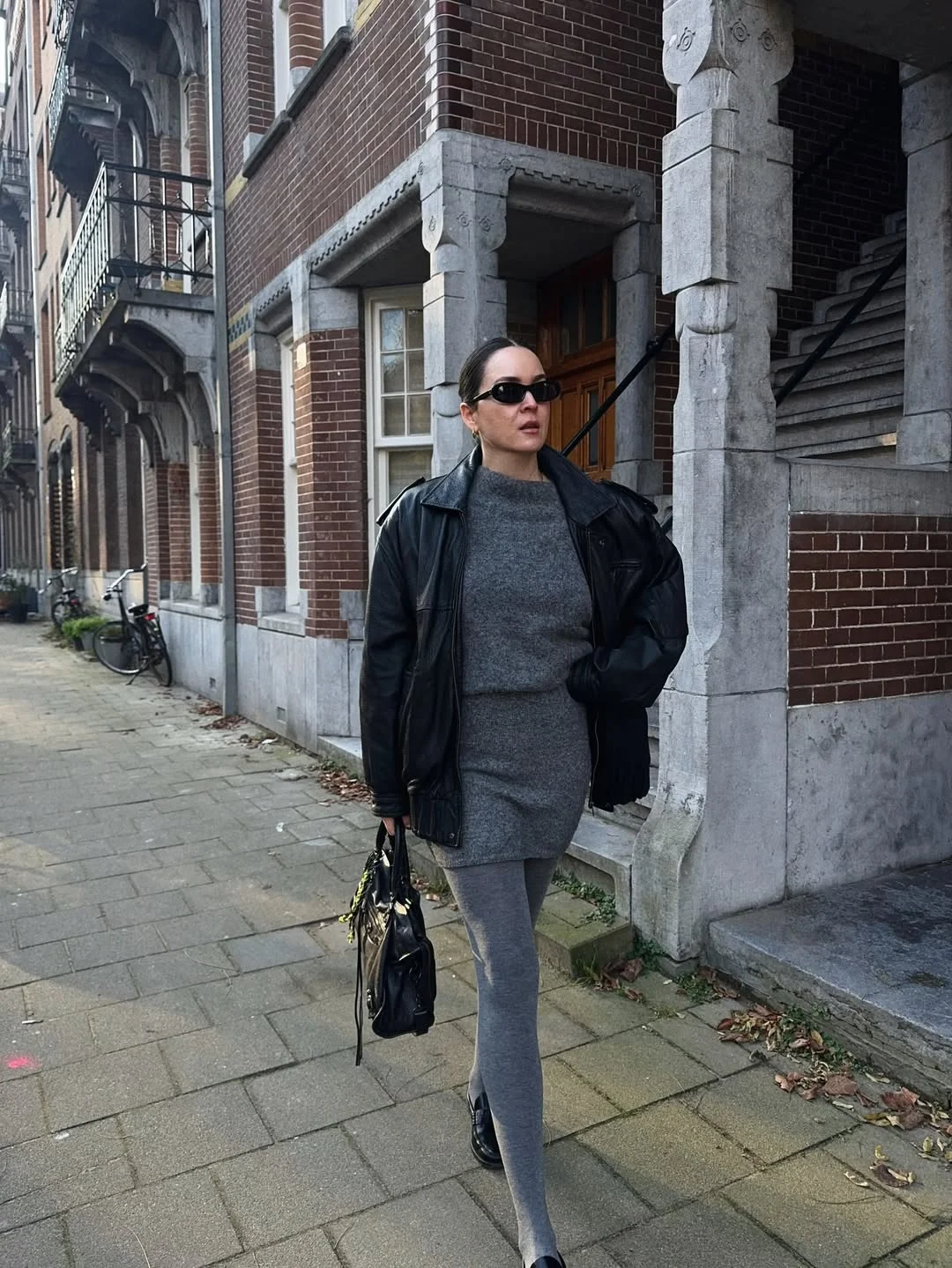 fall outfits with tights 2026 Grey Knit Dresses and Leather Jackets for Minimalist City Style