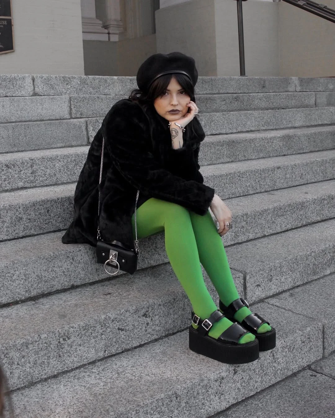 fall outfits with tights 2026 Neon Green Tights and Gothic Platform Shoes for Statement Fall Style