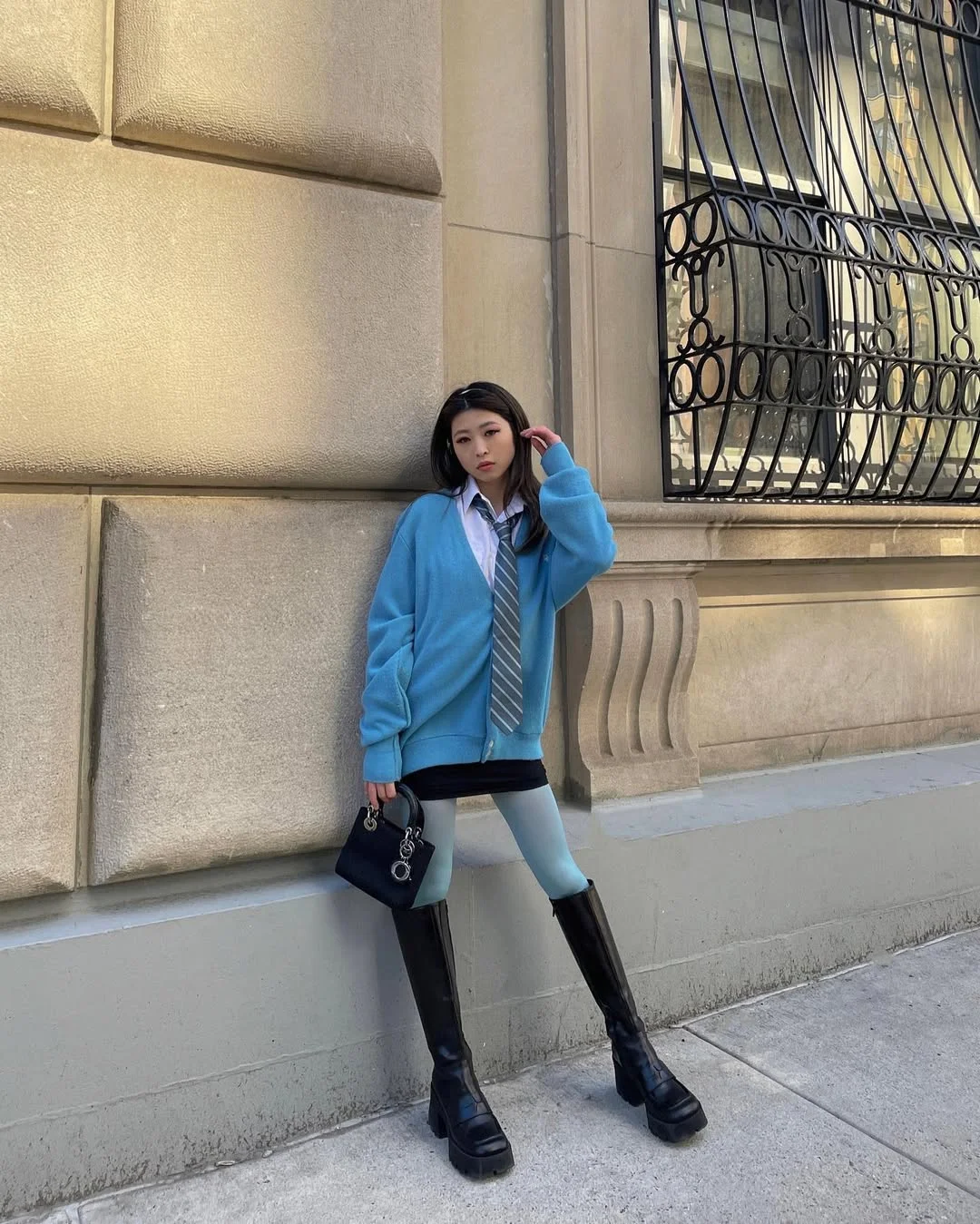 fall outfits with tights 2026 Oversized Blue Cardigan and Knee-High Boots With Preppy Layers