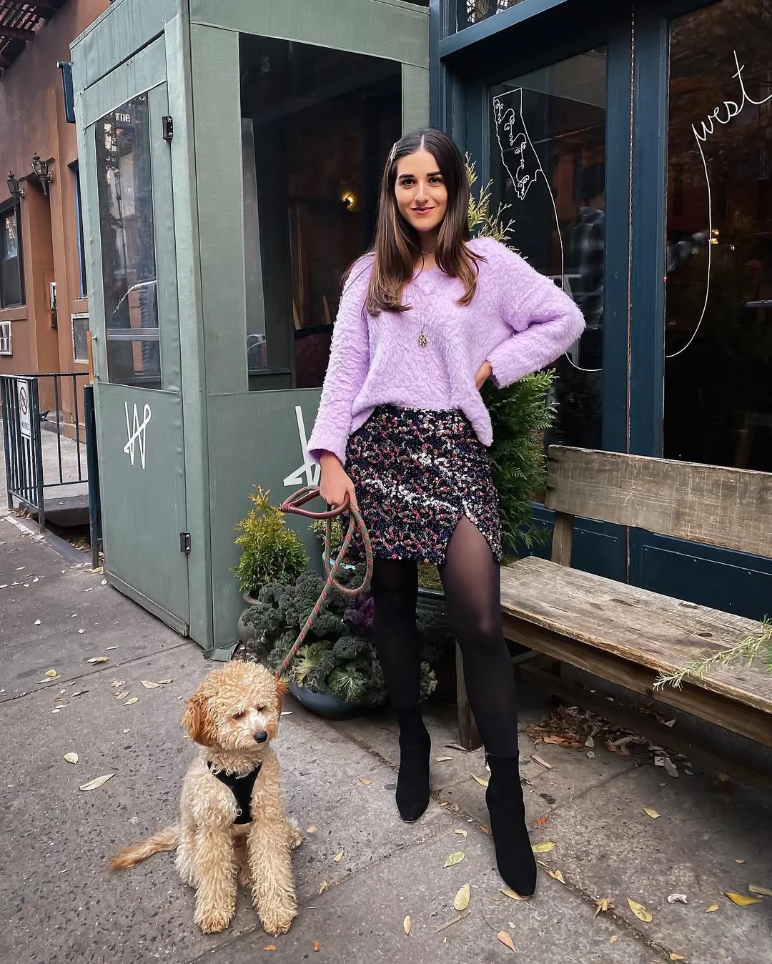 fall outfits with tights 2026 Fuzzy Lavender Knit and Sequined Mini Skirt for Playful Evening Style