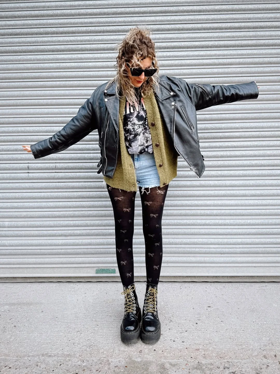 fall outfits with tights 2026 Denim Shorts Patterned Tights and Chunky Combat Boots