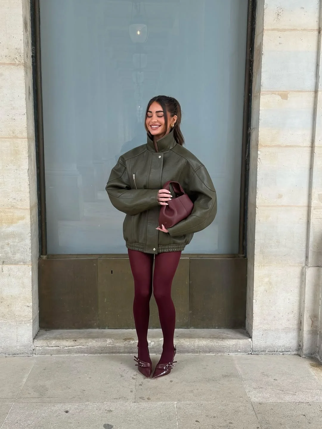 fall outfits with tights 2026 Burgundy Tights and Oversized Leather Jackets for 2026