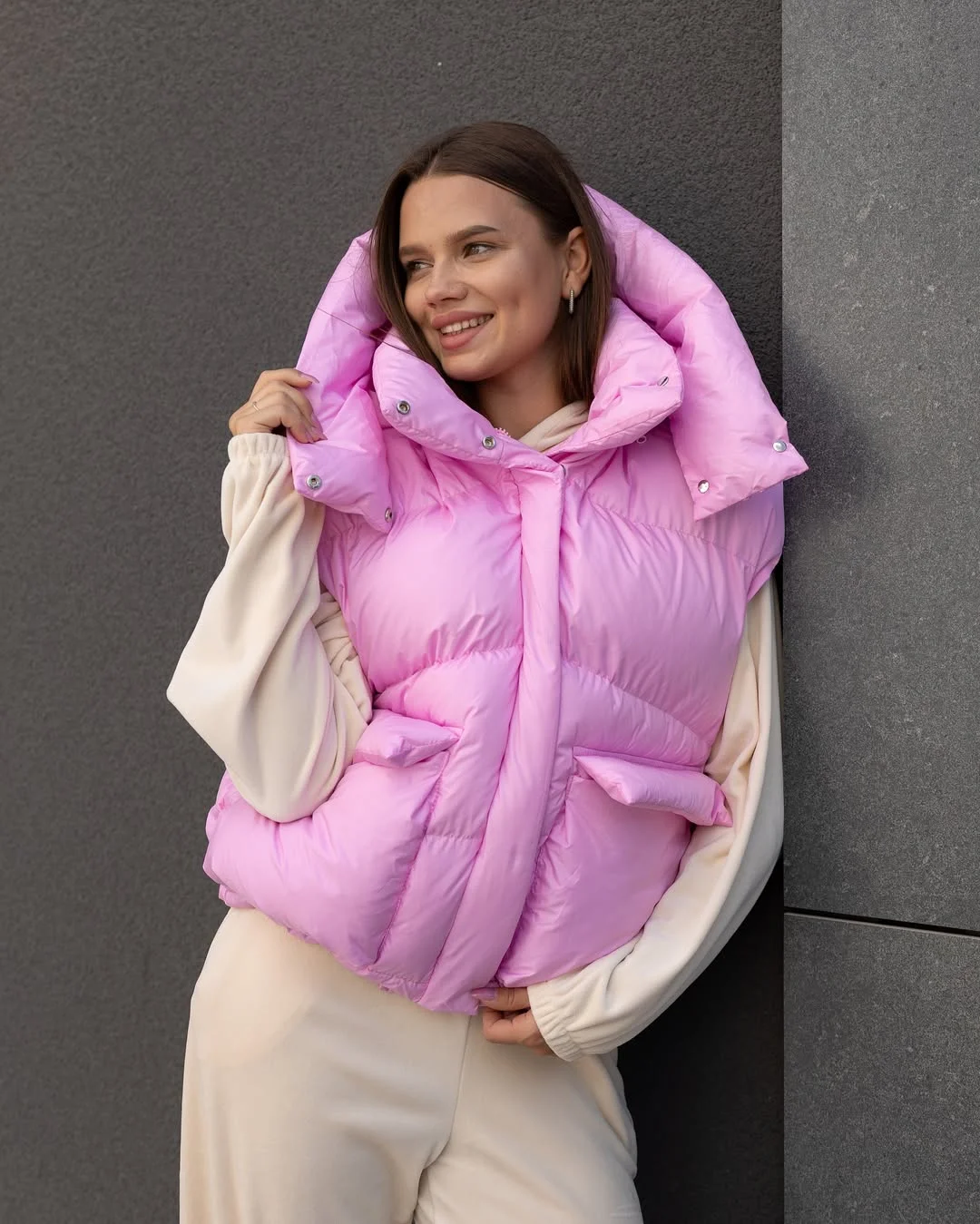 fall outfits with vests 2026 Playful Pink Puffer Layers That Brighten Gray Days