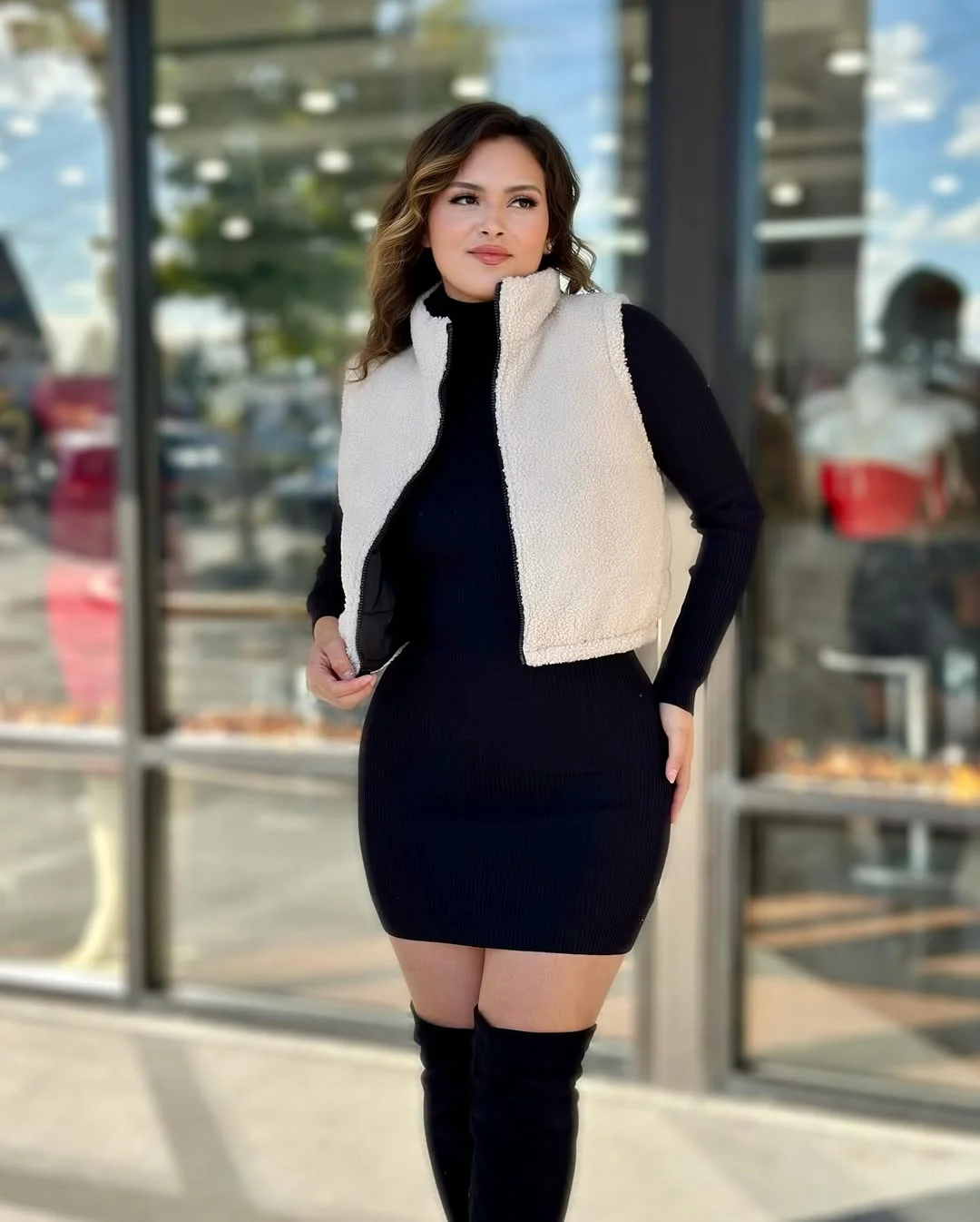 fall vest outfits for women 2026 Soft Sherpa Layers Make Black Dresses Feel New Again