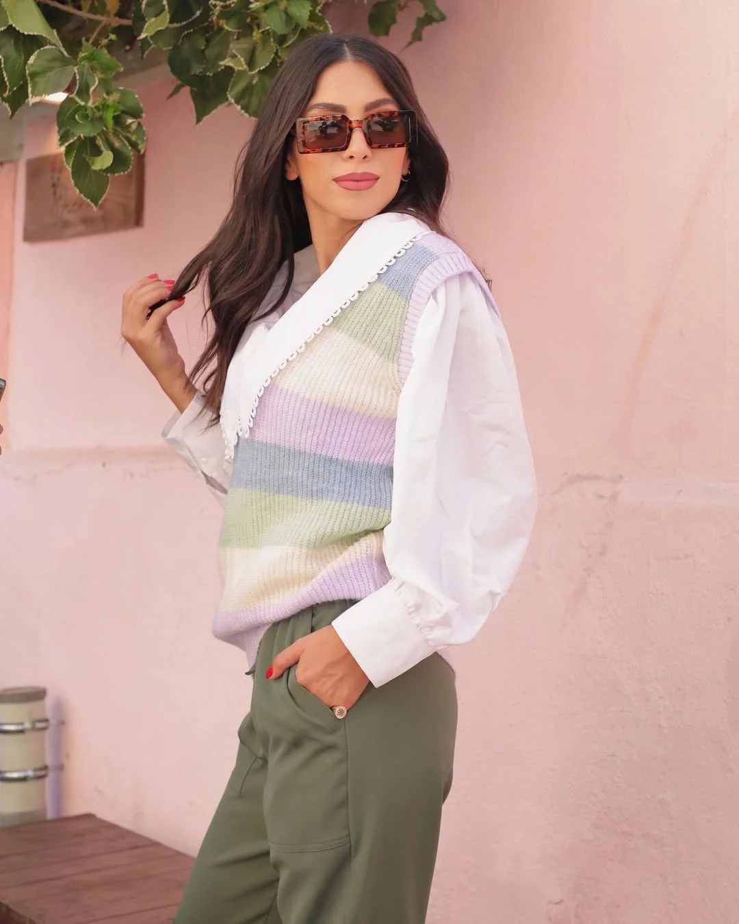 fall vest outfits for women 2026 Pastel Sweater Vest Softens Fall Neutrals Beautifully