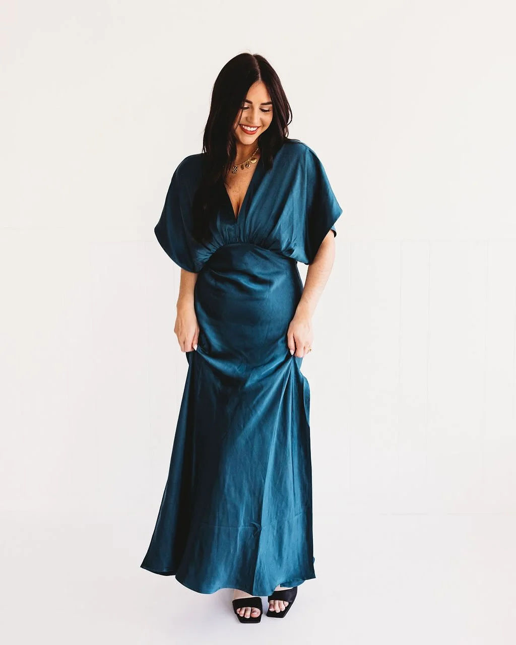 fall wedding guest dress 2026 Deep Teal Satin That Feels Elegant Without Trying Too Hard