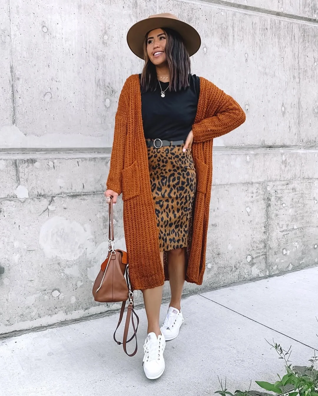 fall work outfits 2026 Chunky Cardigans And Animal Print Skirts With Personality
