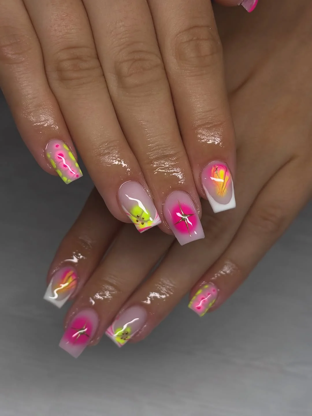funky summer nails 2026 Neon Airbrush Dreams With Futuristic Accents