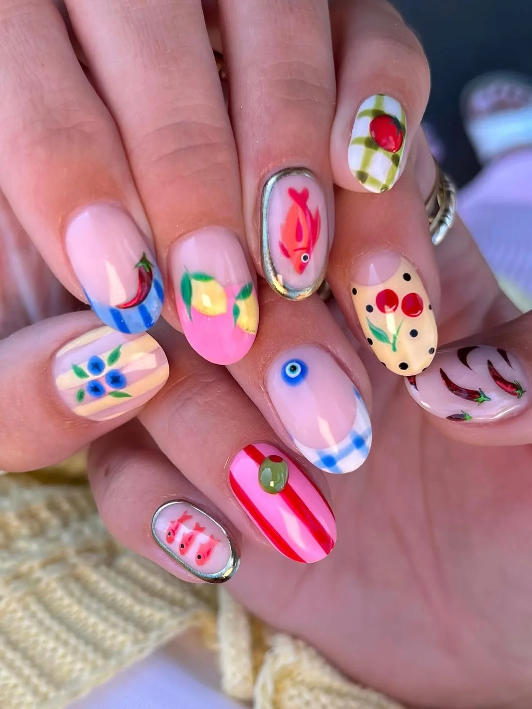 funky summer nails 2026 Mediterranean Market Inspired Mix and Match Nails