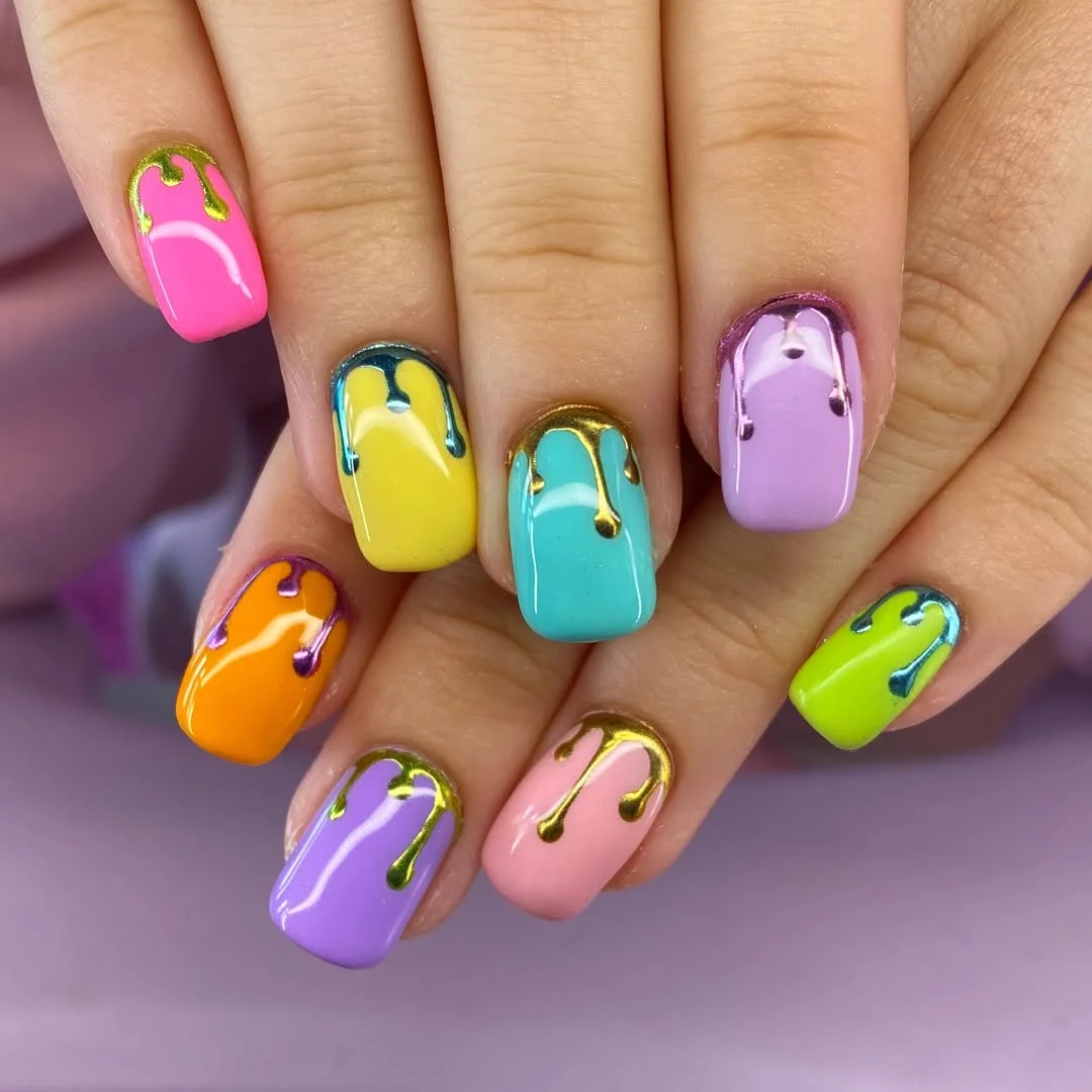 funky summer nails 2026 Metallic Drips and Candy Color Pop