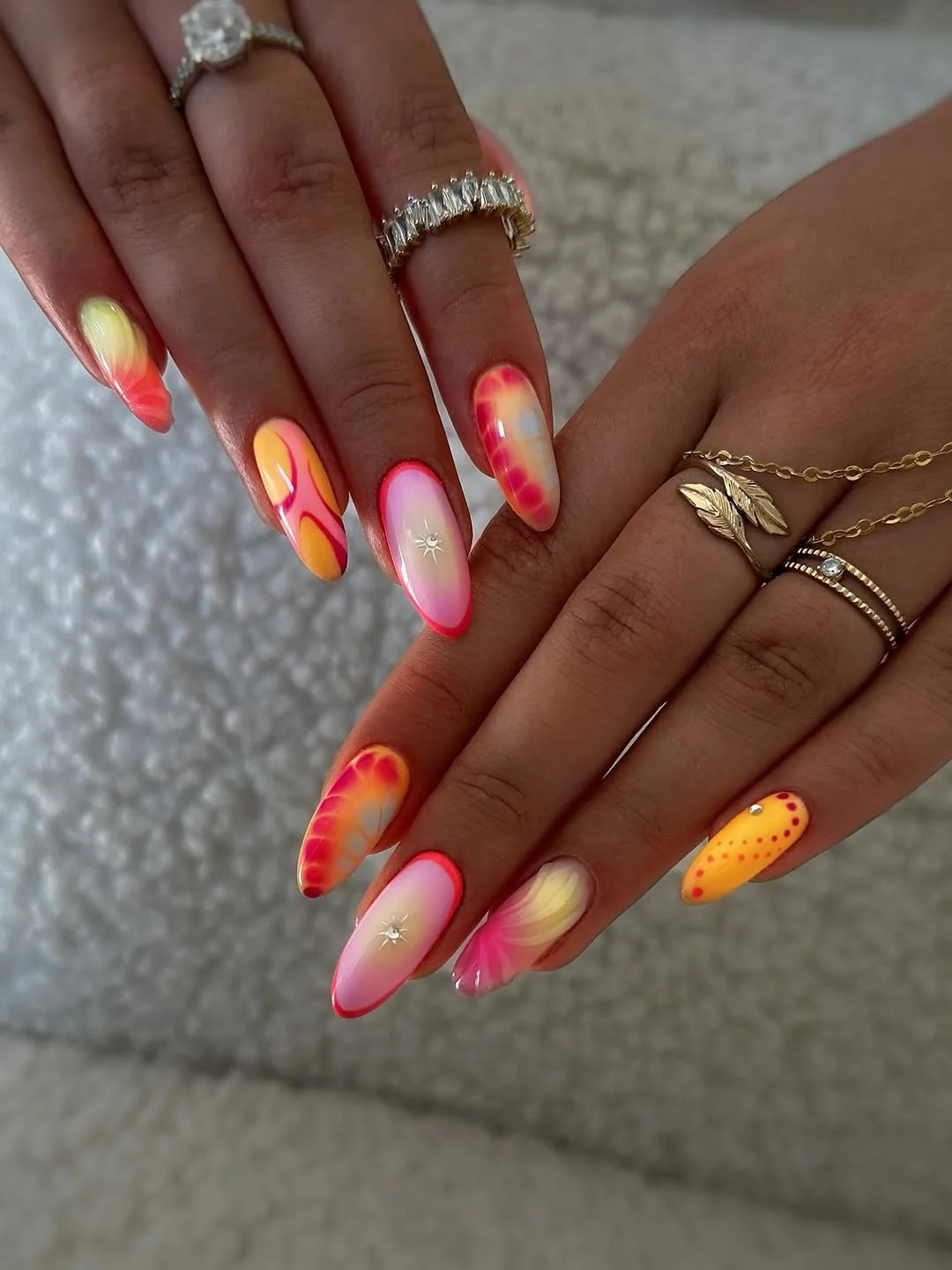 funky summer nails 2026 Sunset Aura Patterns on Almond Nails