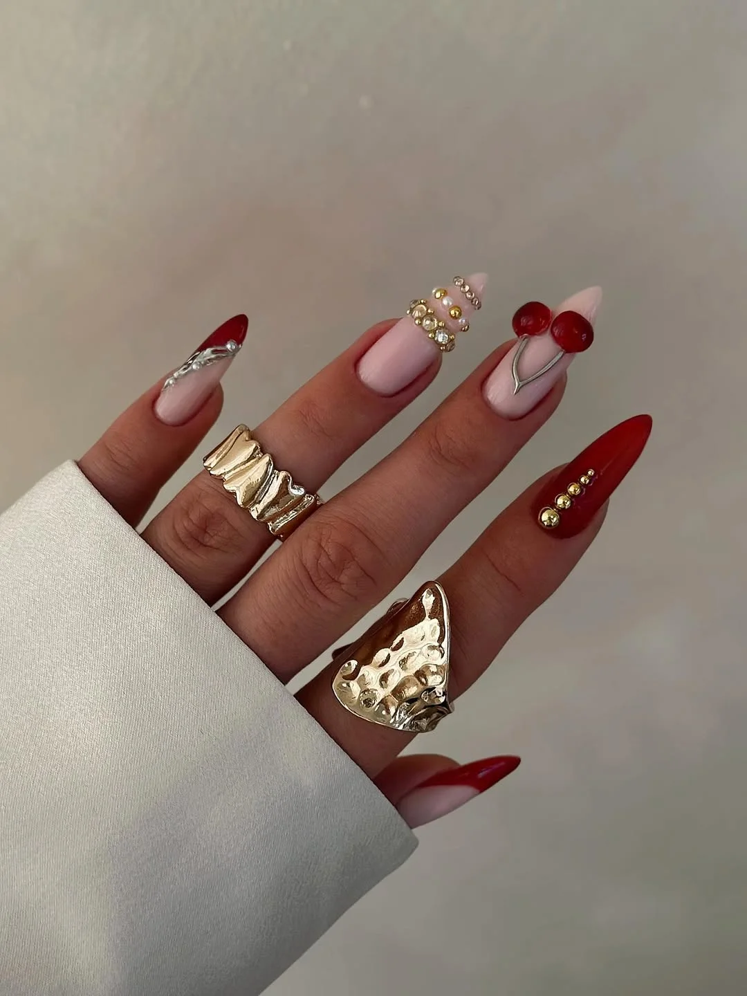 funky summer nails 2026 Cherry Charm With Luxe Metallic Details