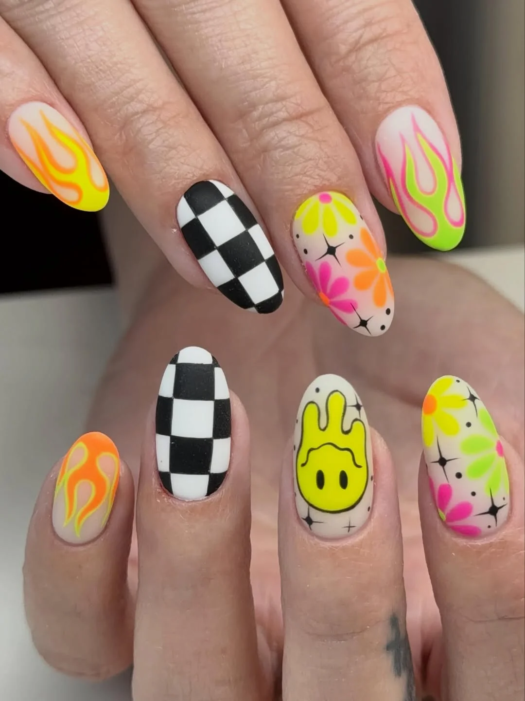 funky summer nails 2026 Retro Flames and Smiley Summer Vibes
