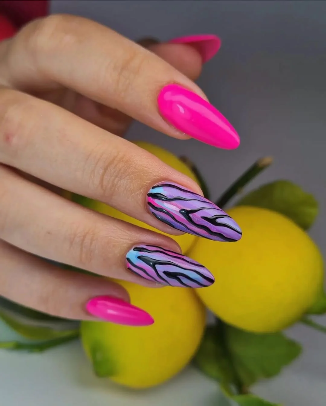 funky summer nails 2026 Electric Pink and Graphic Zebra Waves