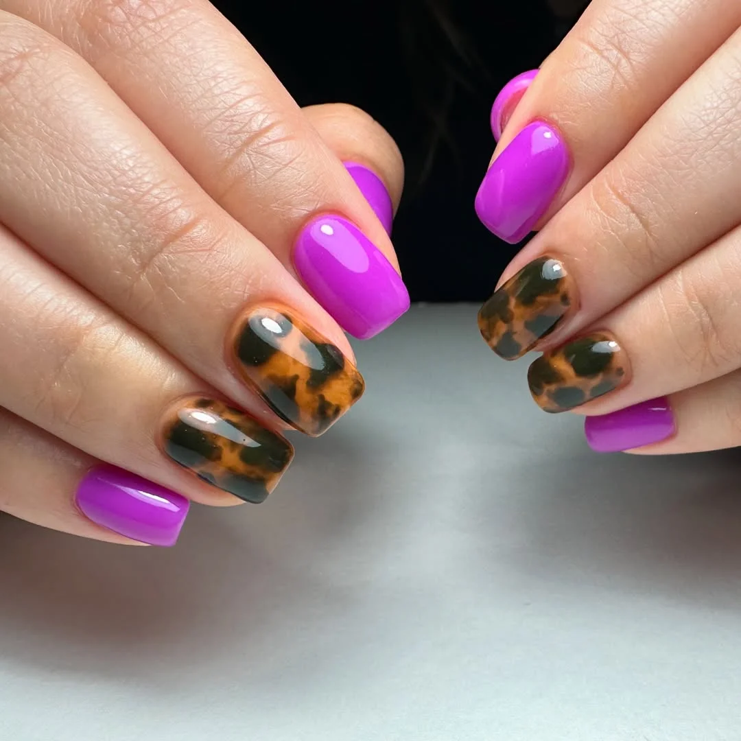 short squoval nails design 2026 Electric Orchid Meets Modern Tortoiseshell
