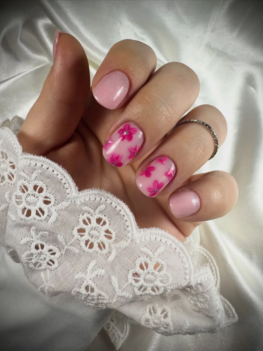 short squoval nails design 2026 Blushing Petals with Romantic Spring Energy