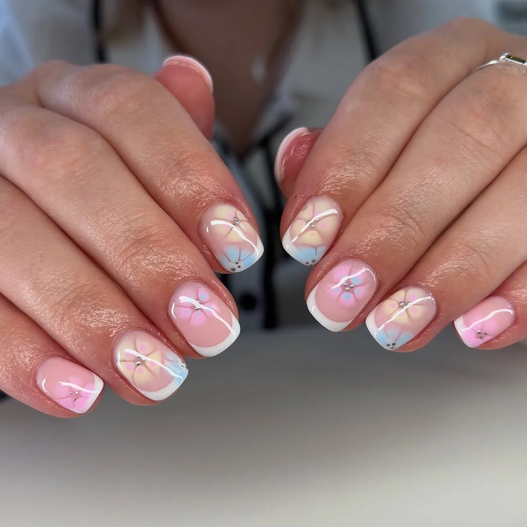 short squoval nails design 2026 Pastel Bloom French for a Soft Dreamy Finish