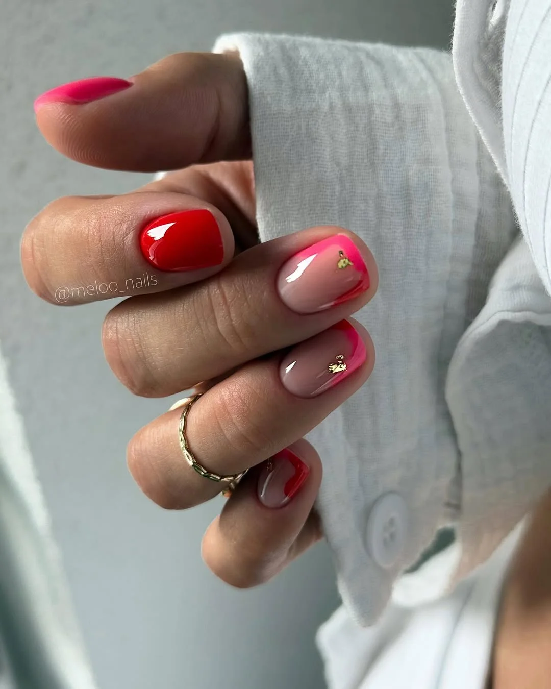 short squoval nails design 2026 Cherry Sorbet Color Blocking with Gold Accents