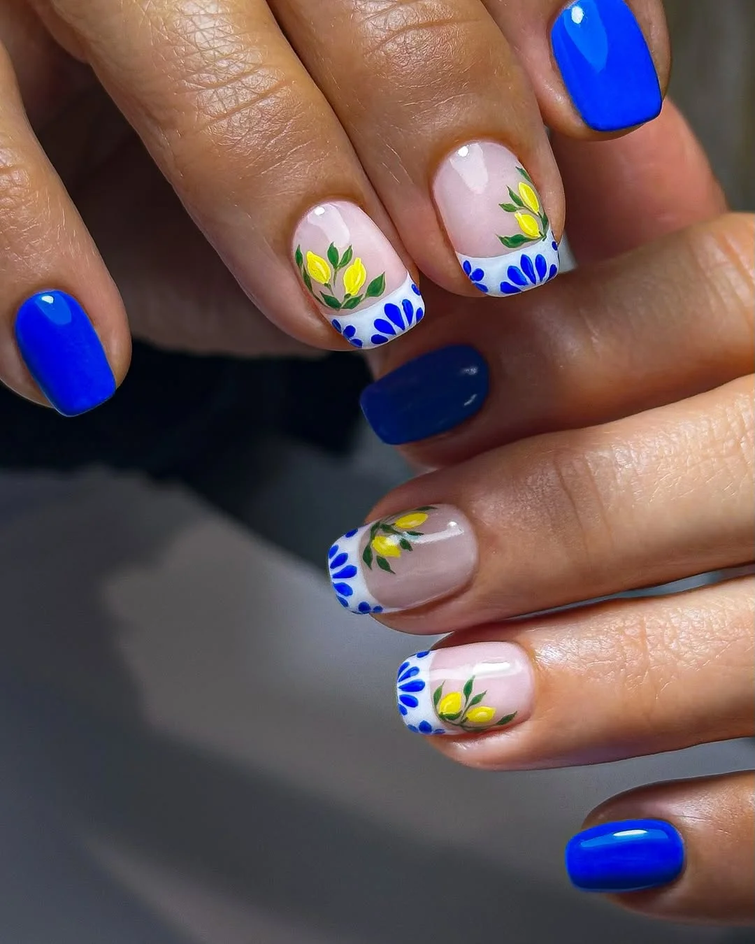short squoval nails design 2026 Cobalt Bloom French with Mediterranean Charm