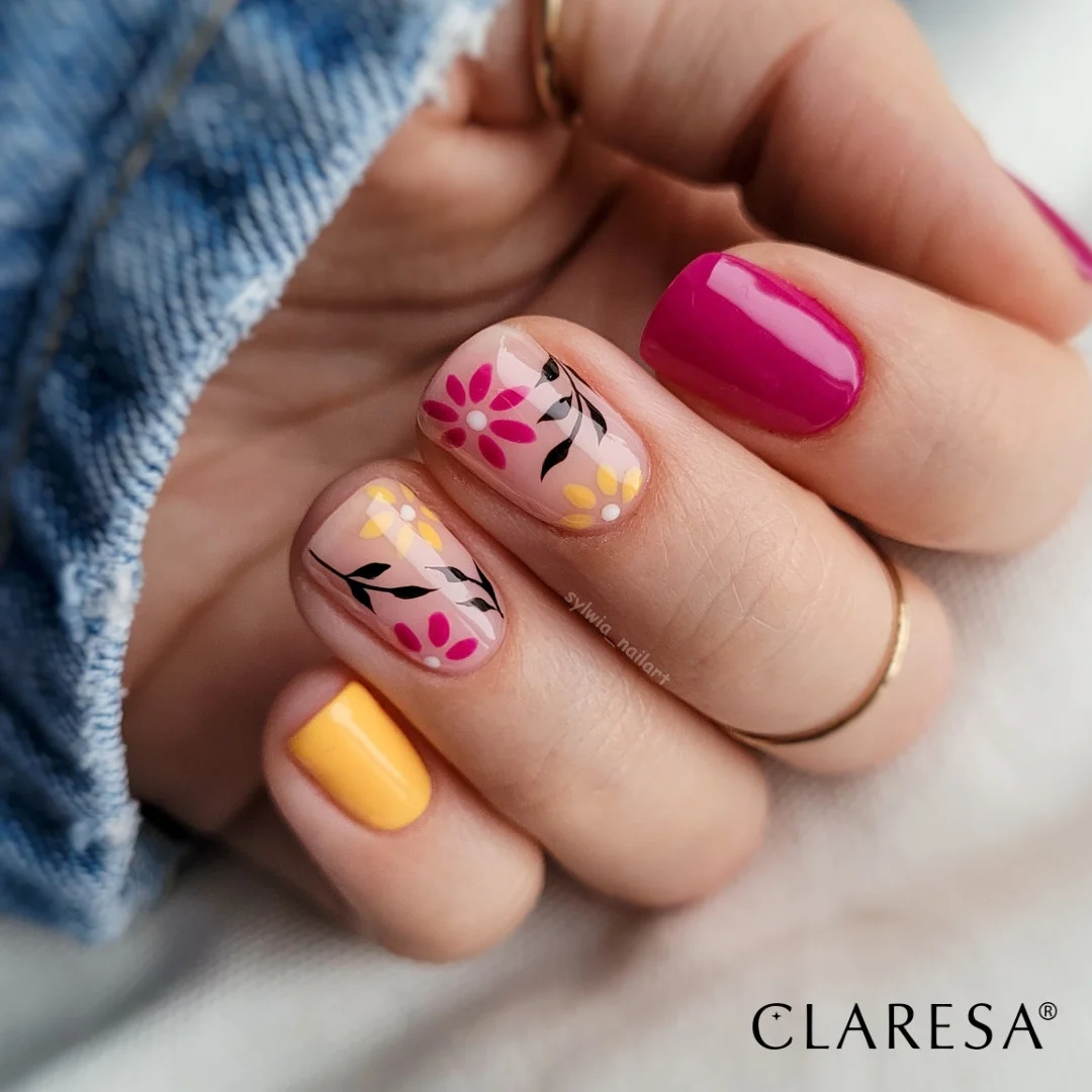 short squoval nails design 2026 Retro Garden Florals with Playful Color Pops