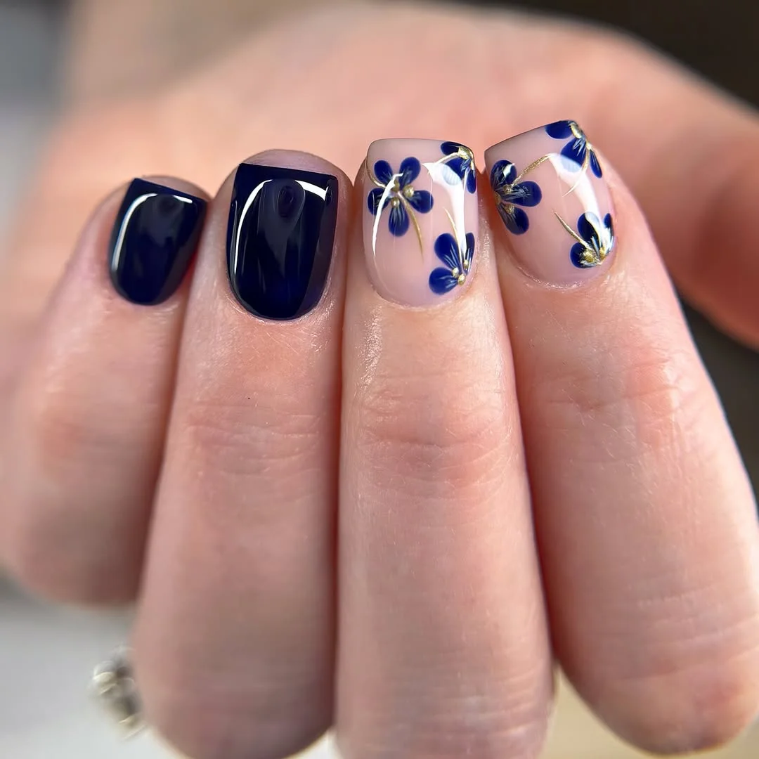short squoval nails design 2026 Midnight Petals with Gold Botanical Details