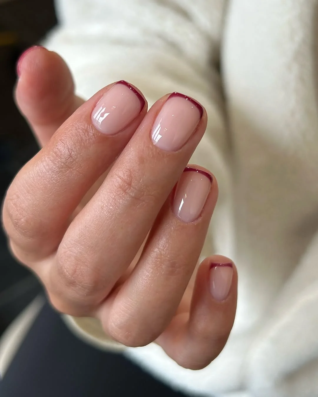 short squoval nails design 2026 Barely There Blush with Cherry Micro French Tips