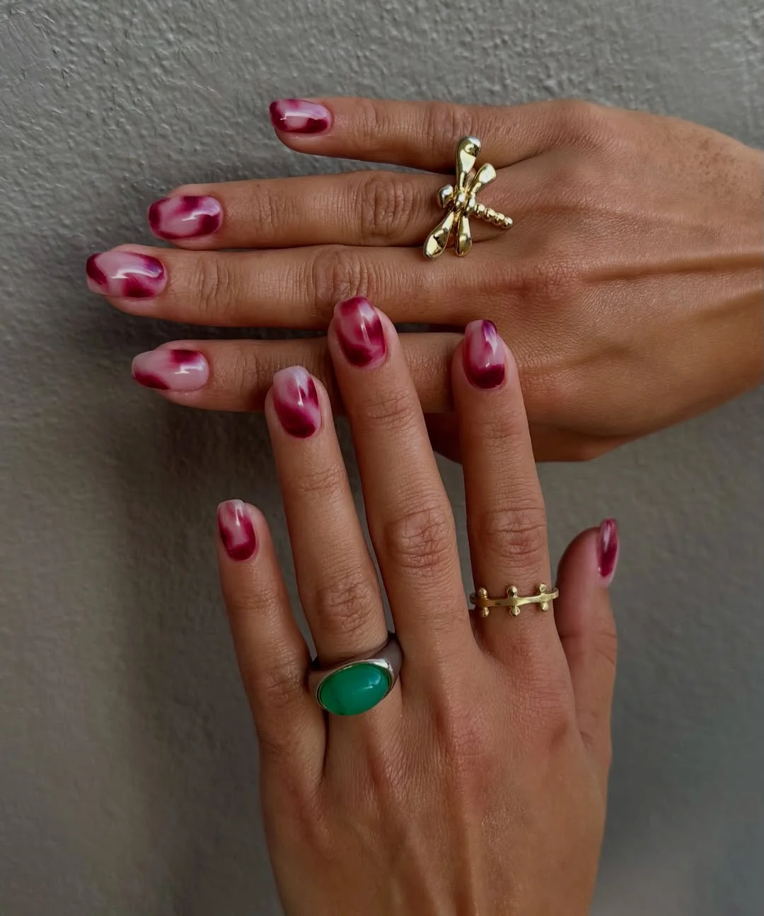 short squoval nails design 2026 Berry Marble Swirls with Modern Art Influence