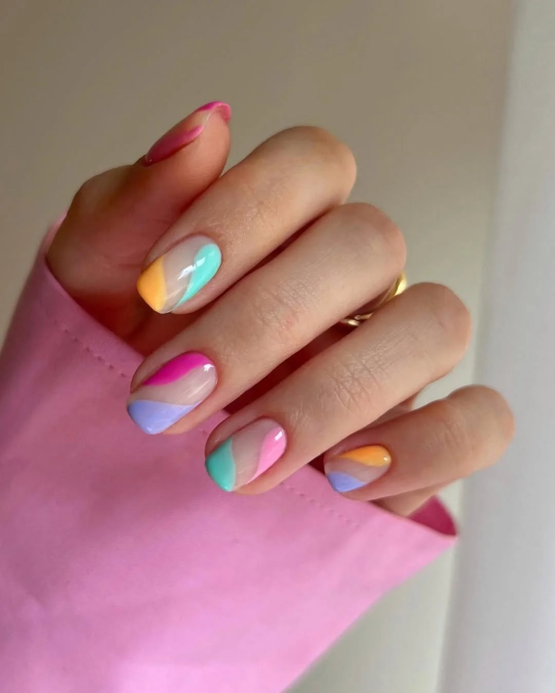 short squoval nails design 2026 Pastel Color Blocking for a Playful Modern Twist